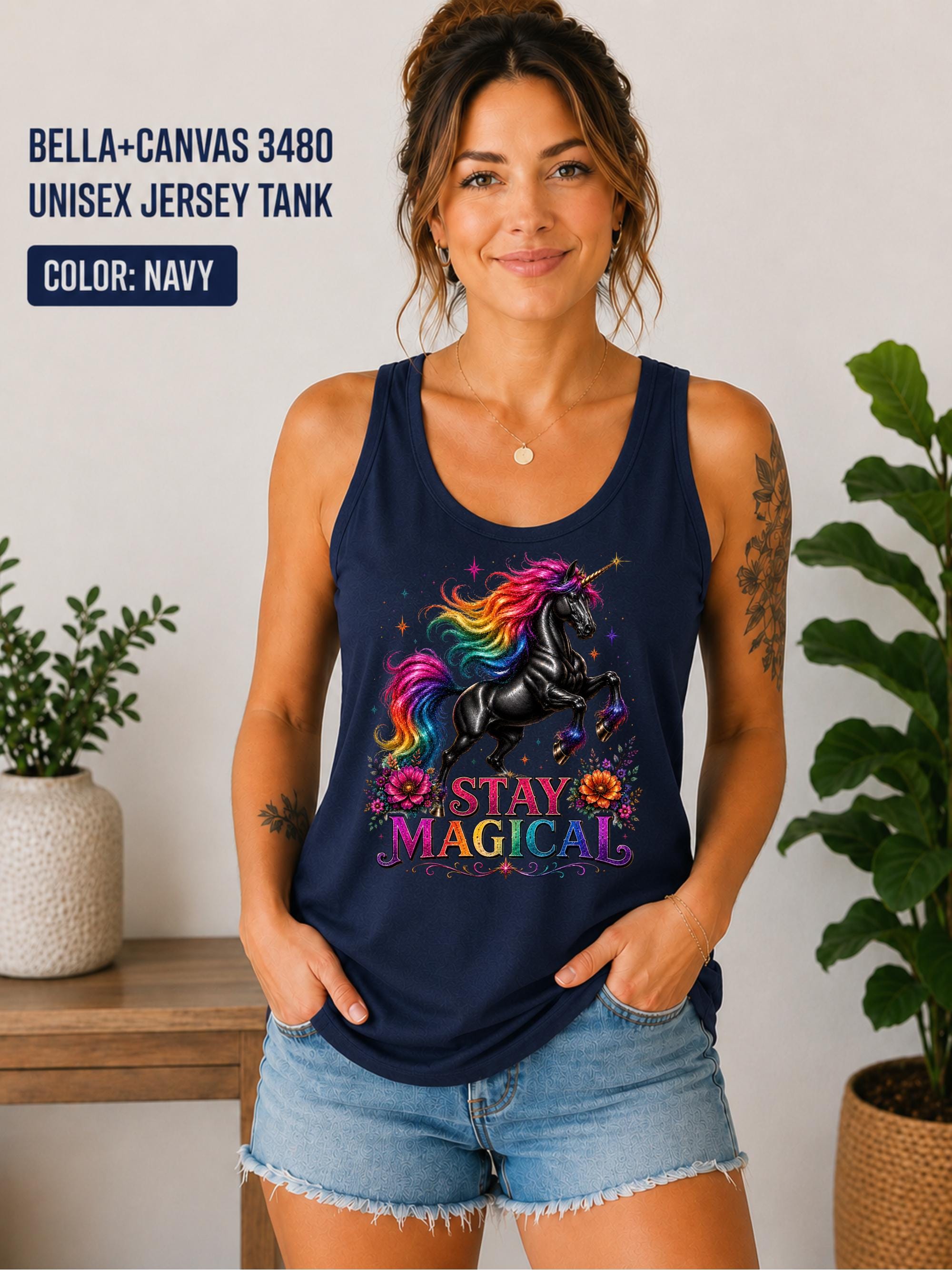 Lightweight unisex jersey tank with fantasy-inspired unicorn artwork, perfect for summer, festivals, and vacations.