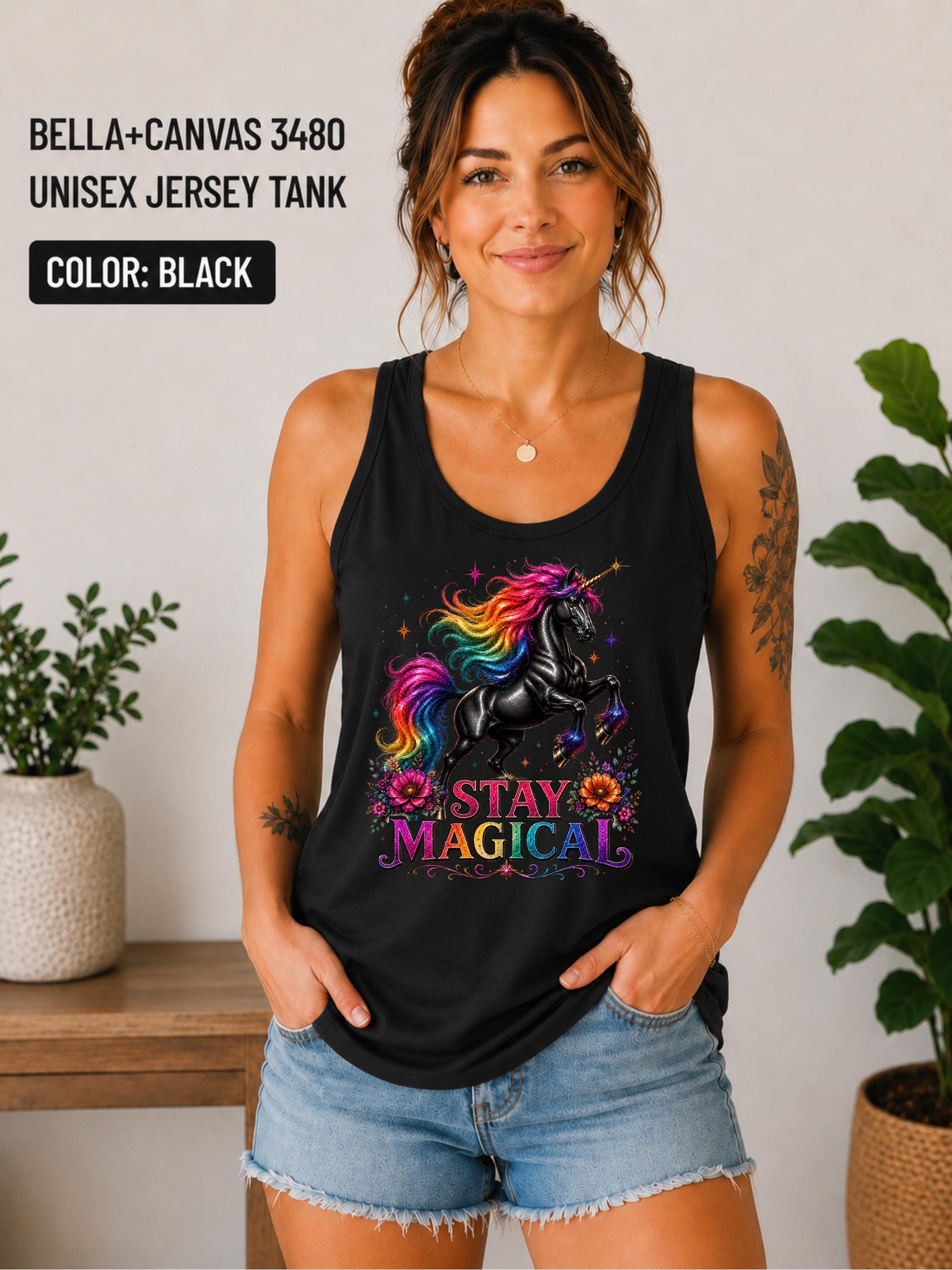 Premium Bella+Canvas unicorn tank top featuring a colorful Stay Magical design on athletic heather fabric.