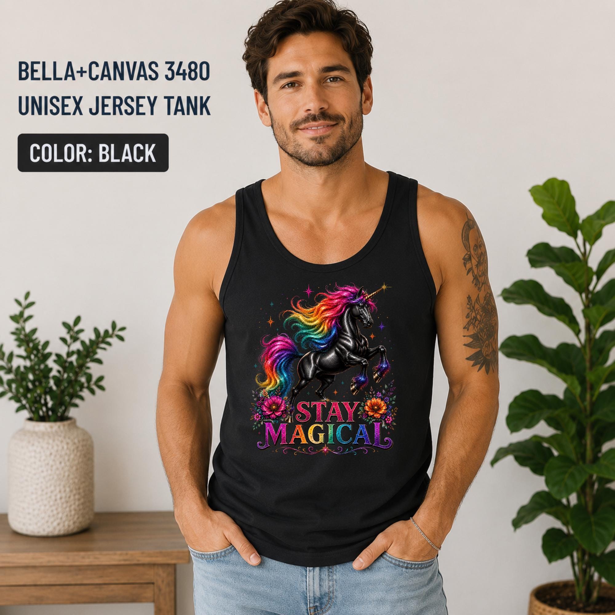 Premium Bella+Canvas unicorn tank top featuring a colorful Stay Magical design on athletic heather fabric.