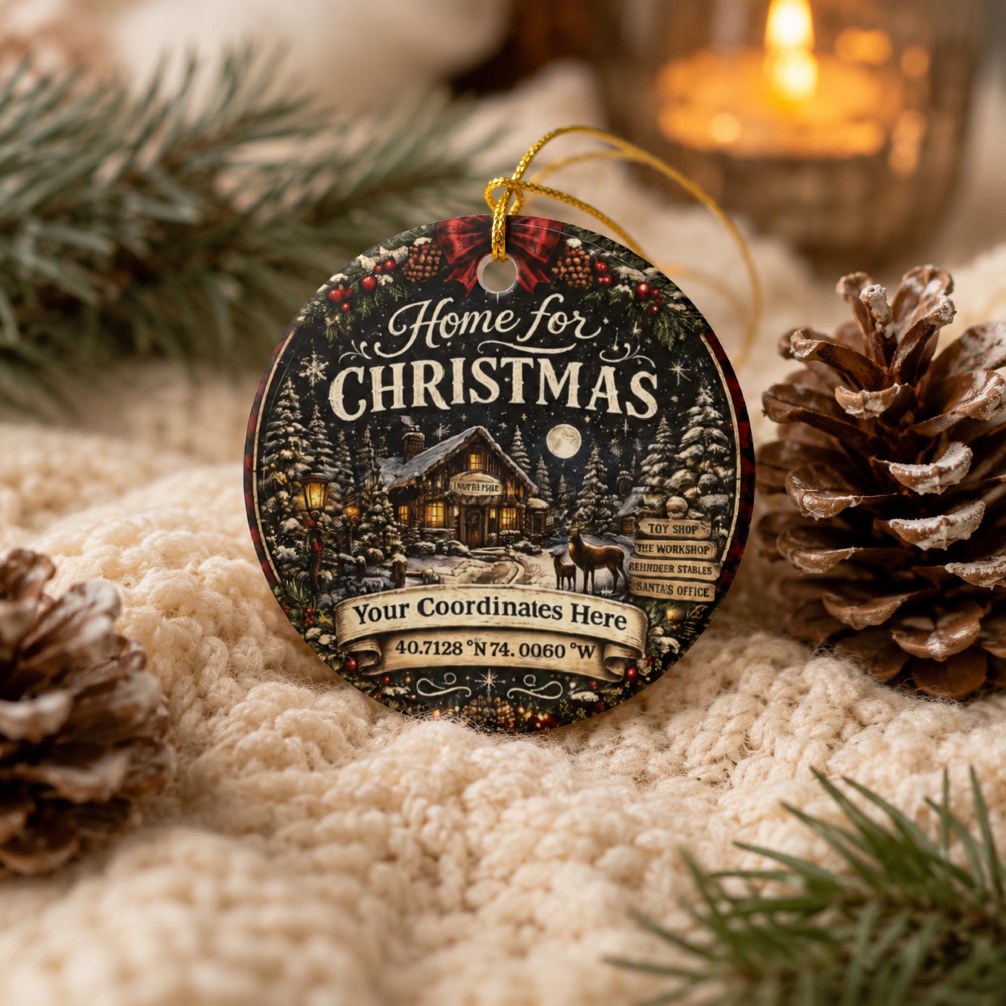 Personalized Home for Christmas ceramic ornament featuring custom coordinates on a cozy knitted blanket with pinecones and candlelight.