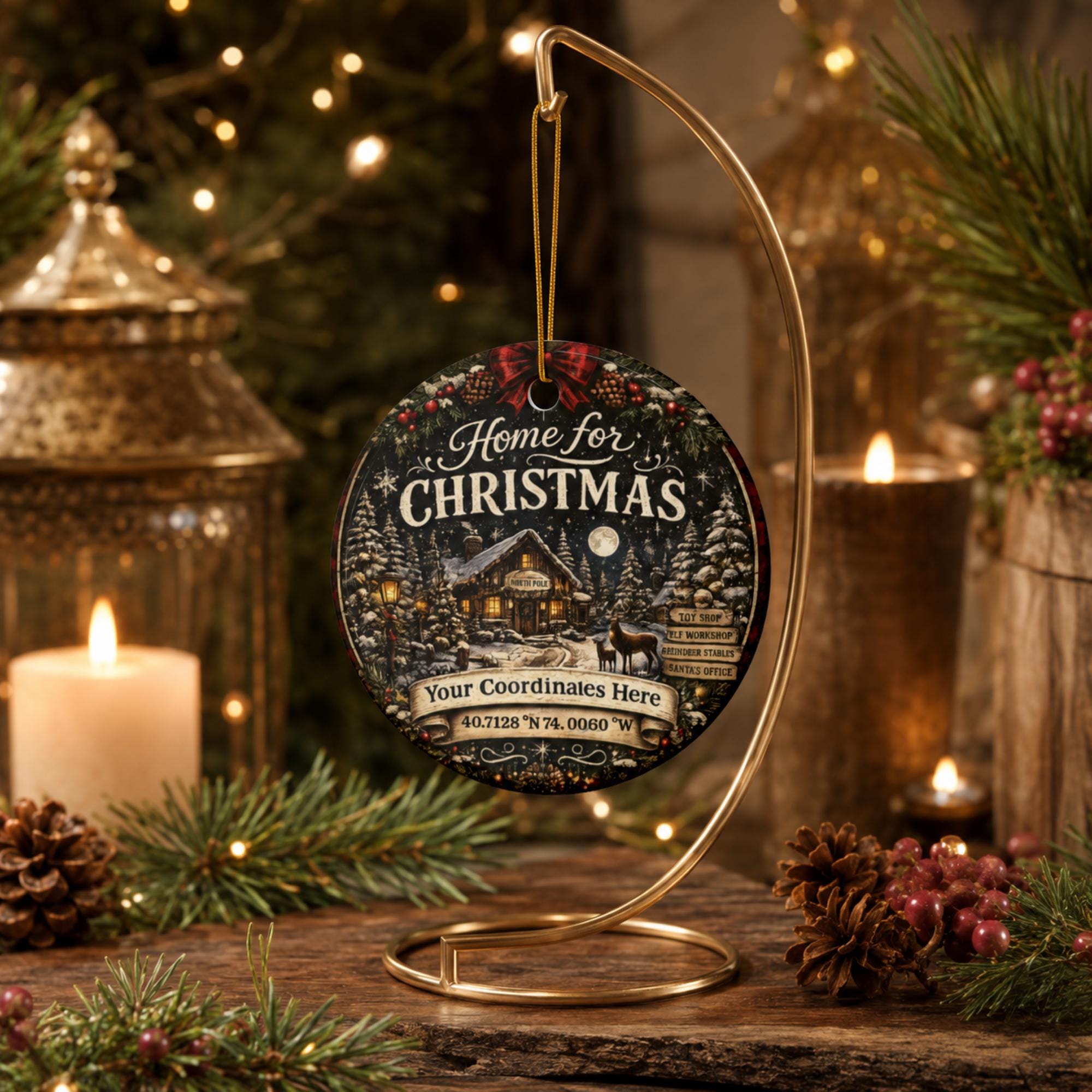 Rustic ceramic holiday ornament with customizable latitude and longitude for a meaningful family keepsake.