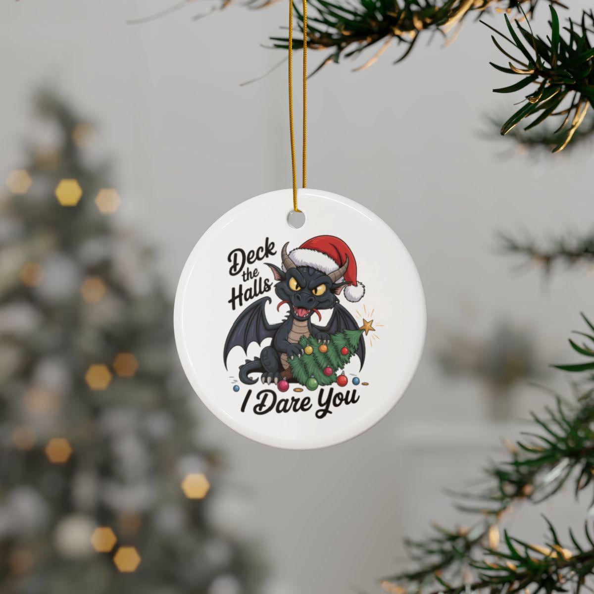Round dragon ornament showing a decorated tree, colorful baubles, and playful Christmas artwork.