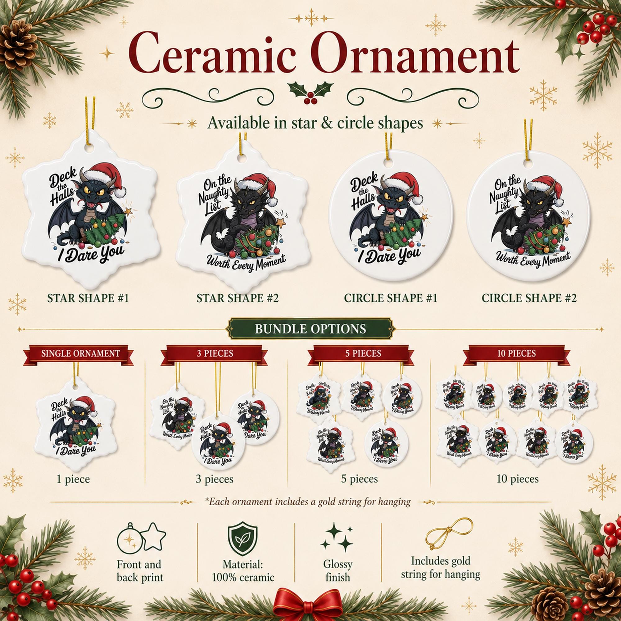 Product information image showing two funny black dragon Christmas ornament designs in round and snowflake-style shapes.