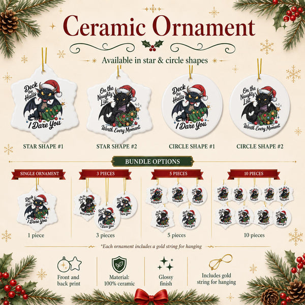 Product information image showing two funny black dragon Christmas ornament designs in round and snowflake-style shapes.