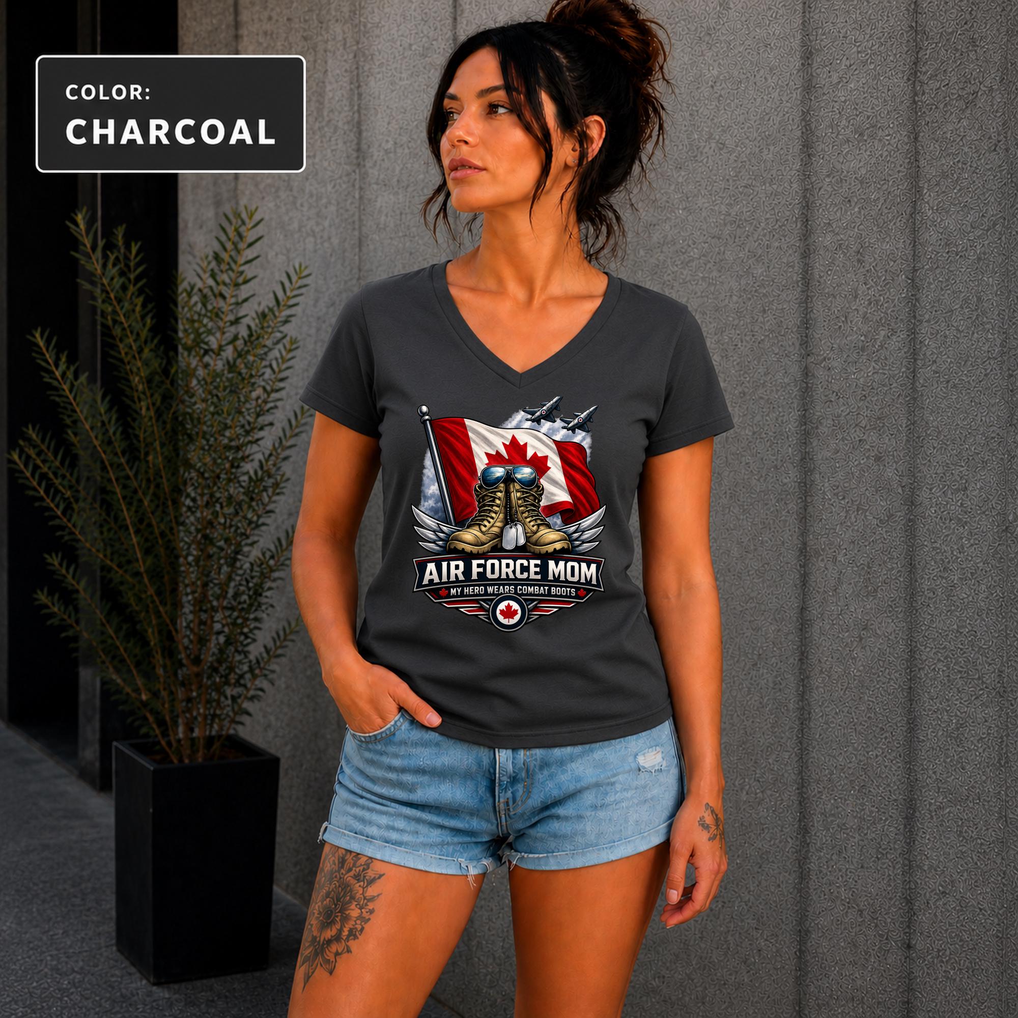 Proud RCAF parent tee featuring My Hero Wears Combat Boots military family message.