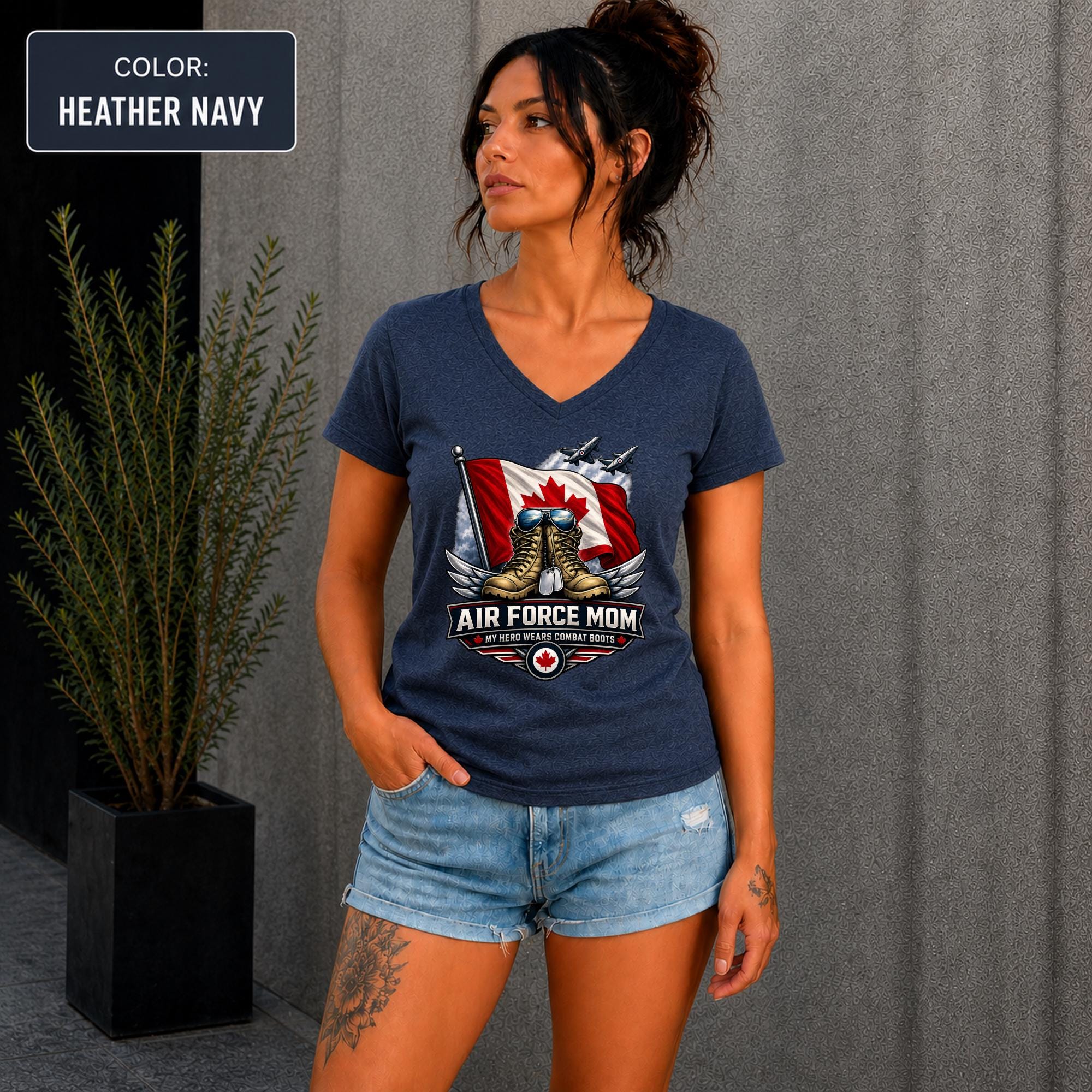 Air Force family apparel featuring combat boots, dog tags, wings, and maple leaf details.