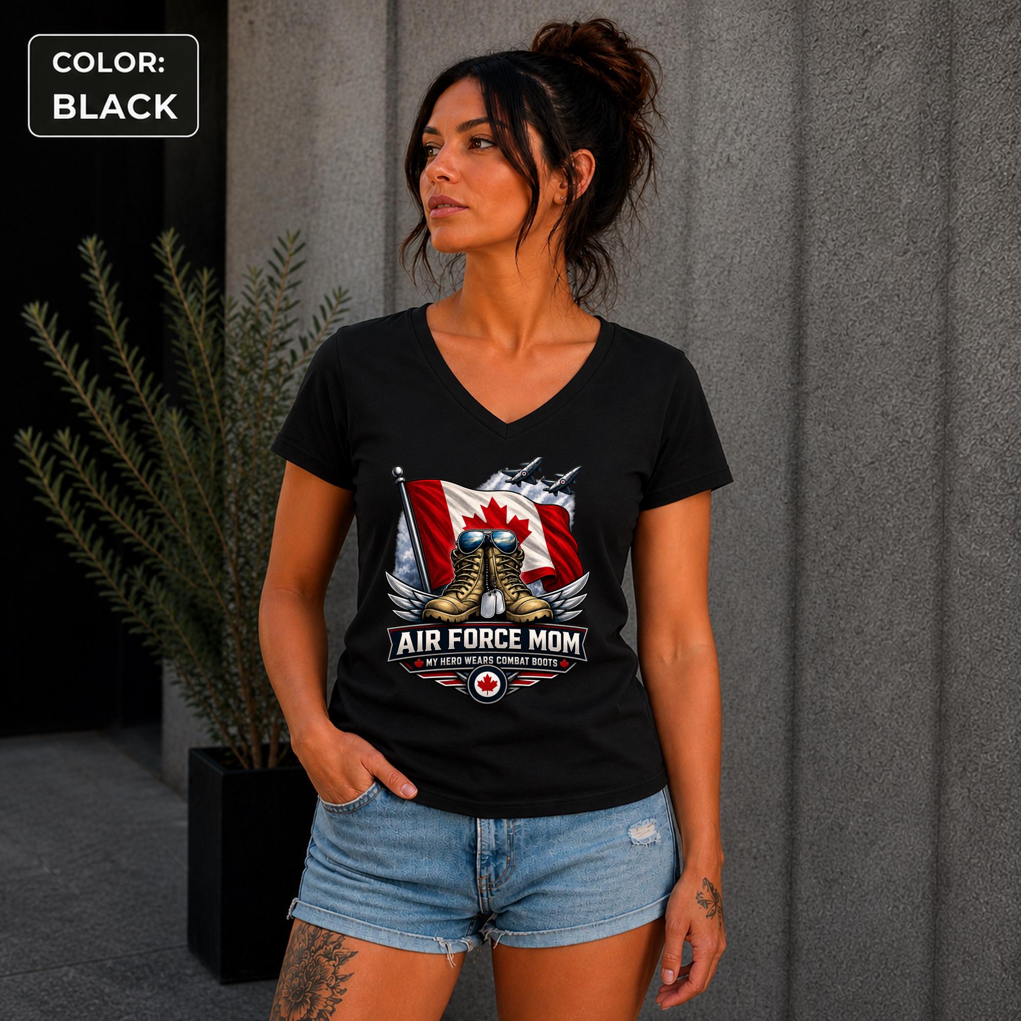 Proud mom V-neck tee for mothers of Royal Canadian Air Force members.