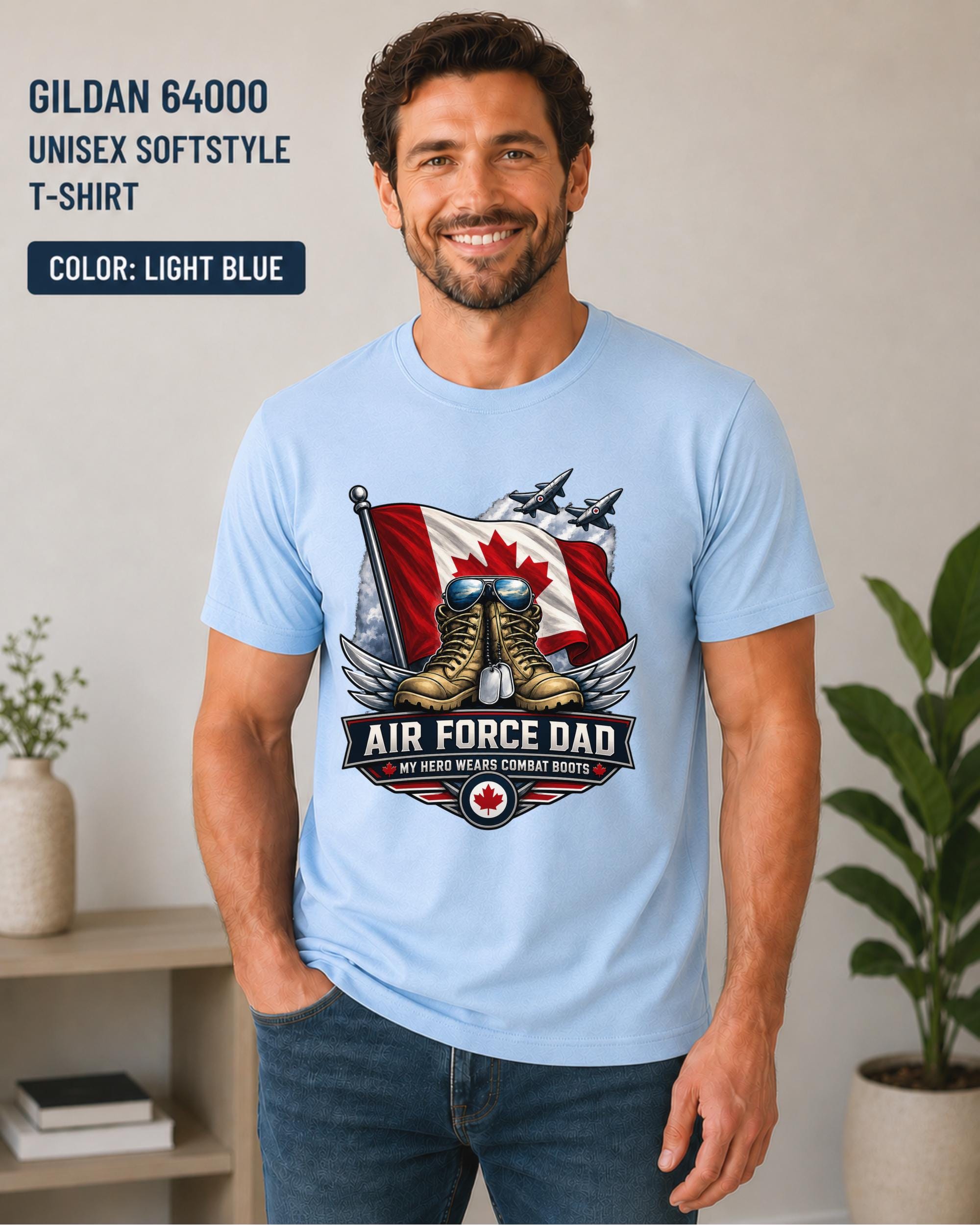 Air Force Dad gift with fighter aircraft, maple leaf flag, wings, and military-inspired design.