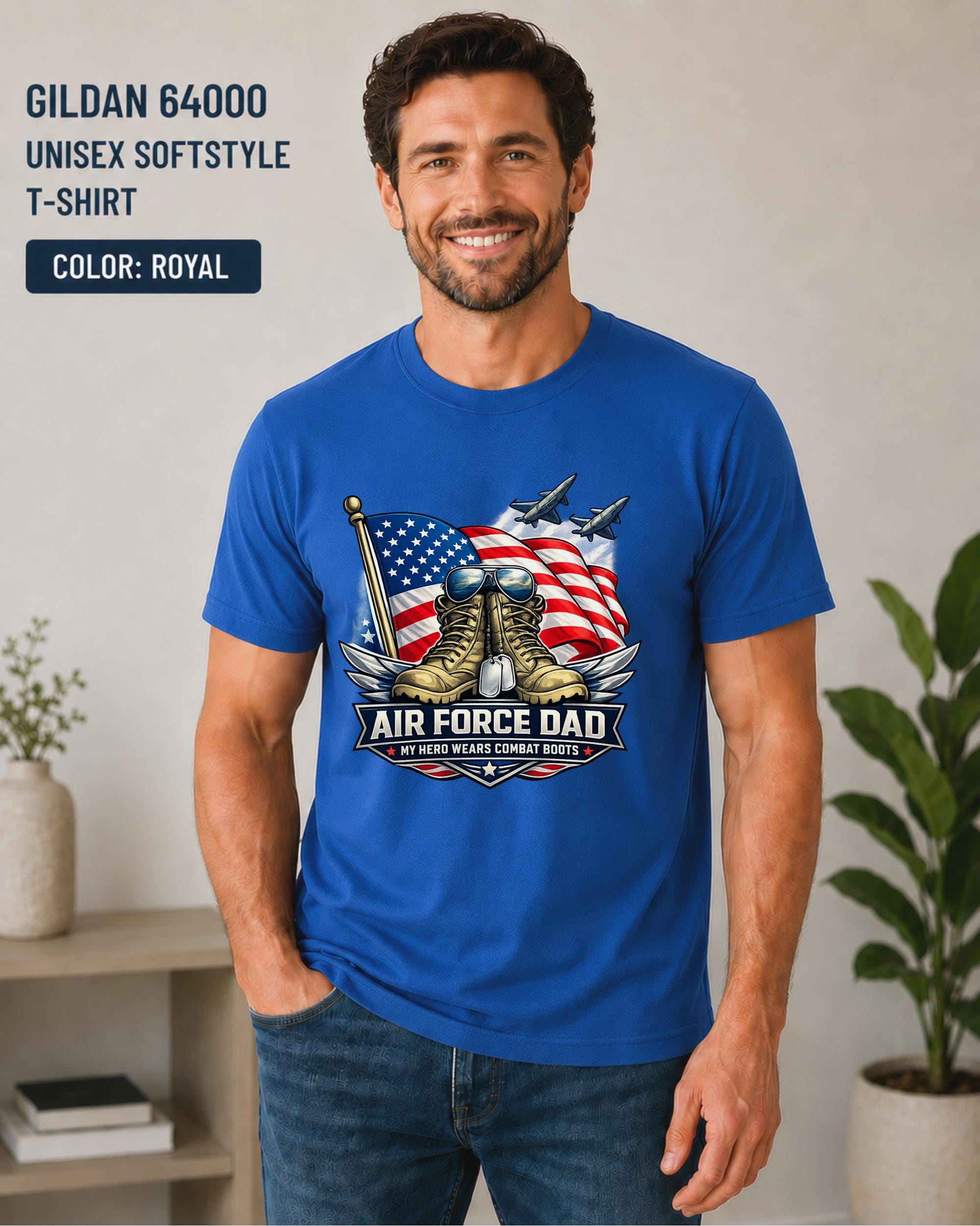 USAF dad T-shirt displayed on a royal unisex Gildan Softstyle tee.