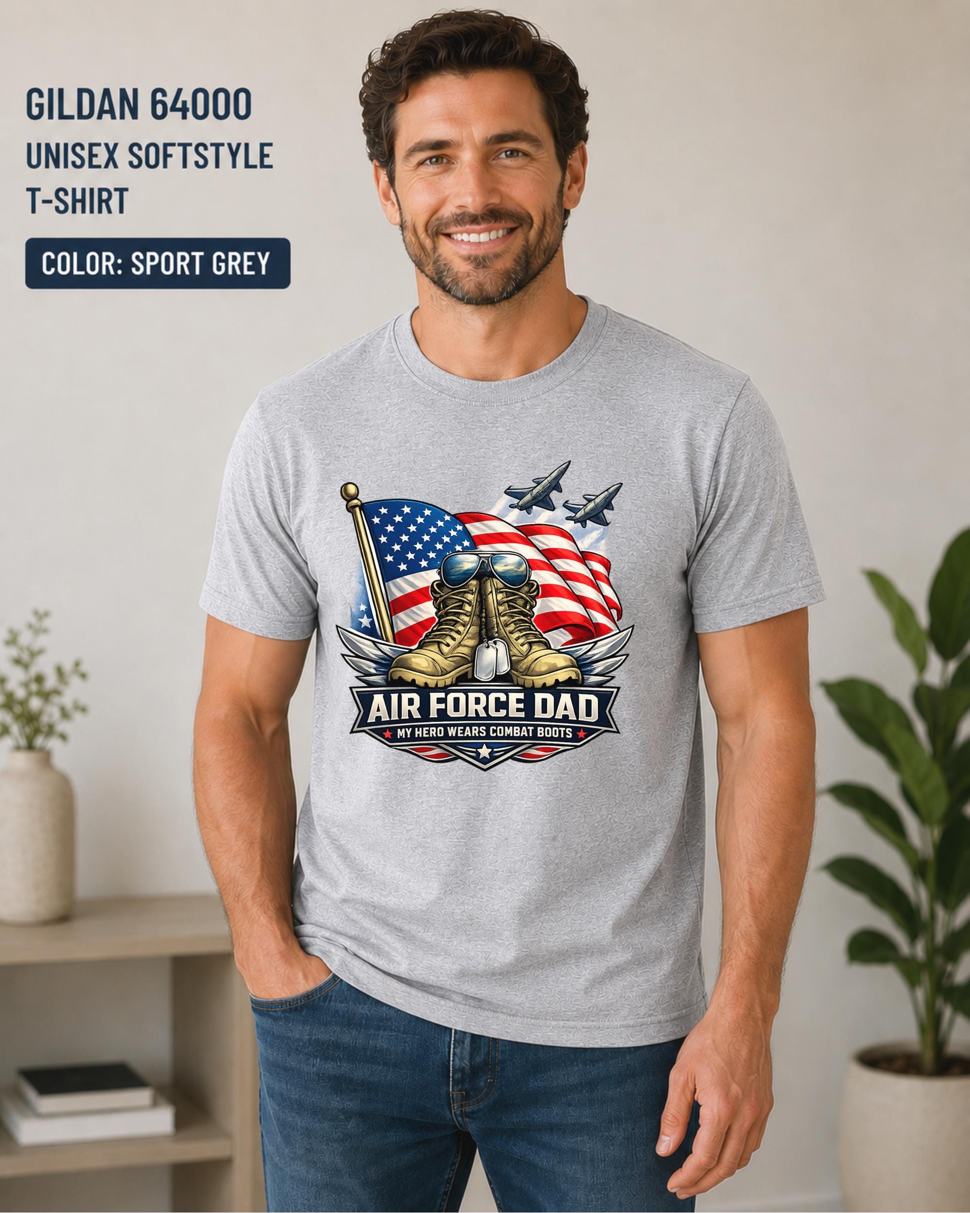 Patriotic Air Force Dad gift featuring dog tags, combat boots, and American flag.
