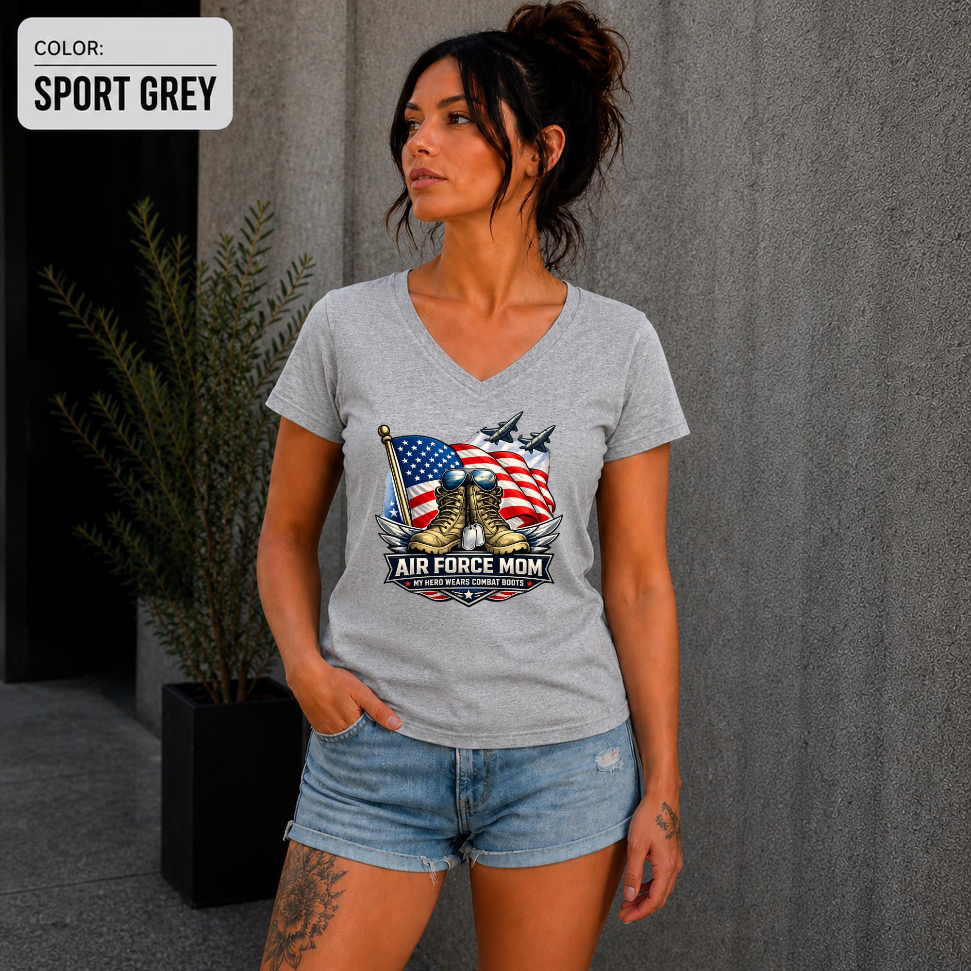 Patriotic V-neck T-shirt for military moms supporting their Airman.