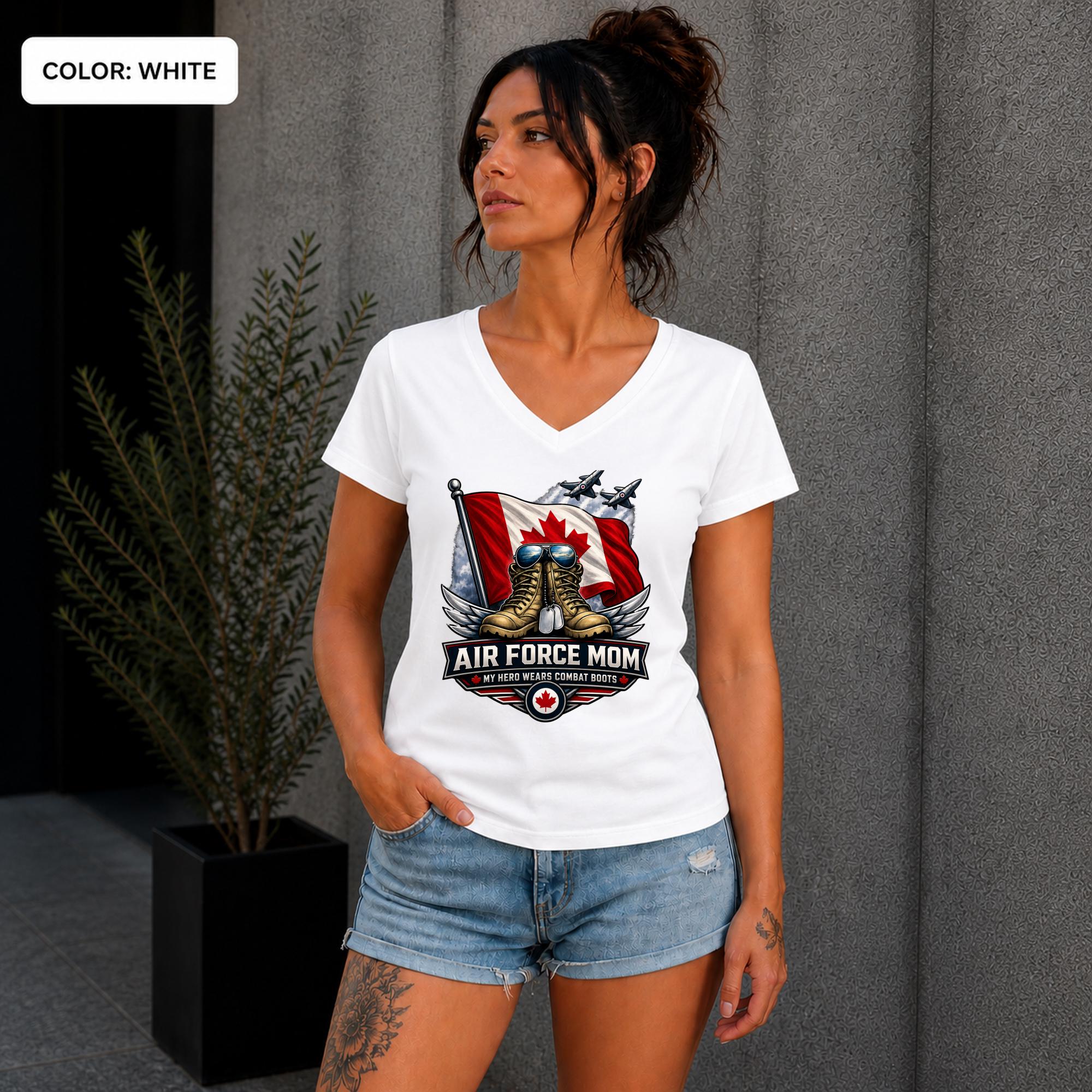 Woman wearing a white Canadian Air Force Mom V-neck shirt with flag, combat boots, wings, and aircraft artwork.