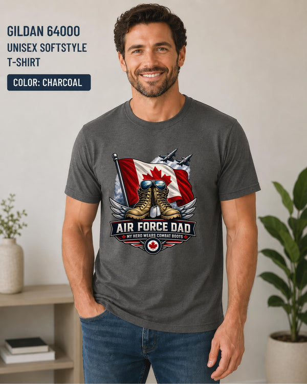 Man wearing a charcoal Canadian Air Force Dad T-shirt featuring the Canadian flag, combat boots, wings, and fighter jets.