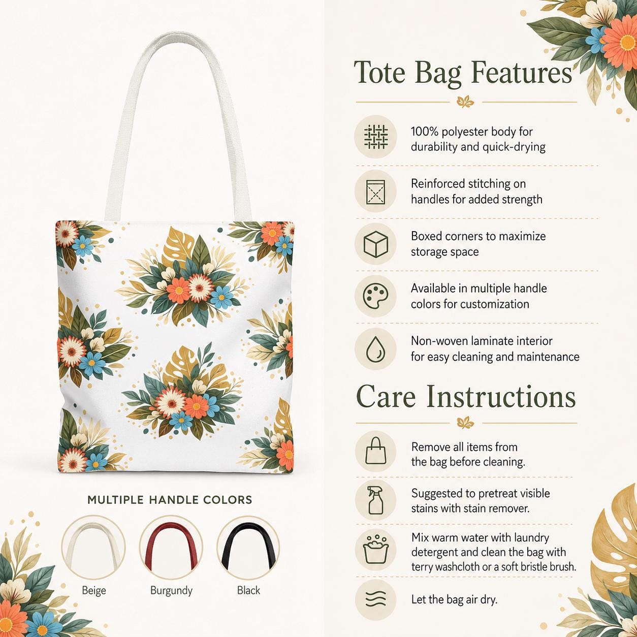 Colourful everyday carryall with repeating garden bouquet pattern on a white background.