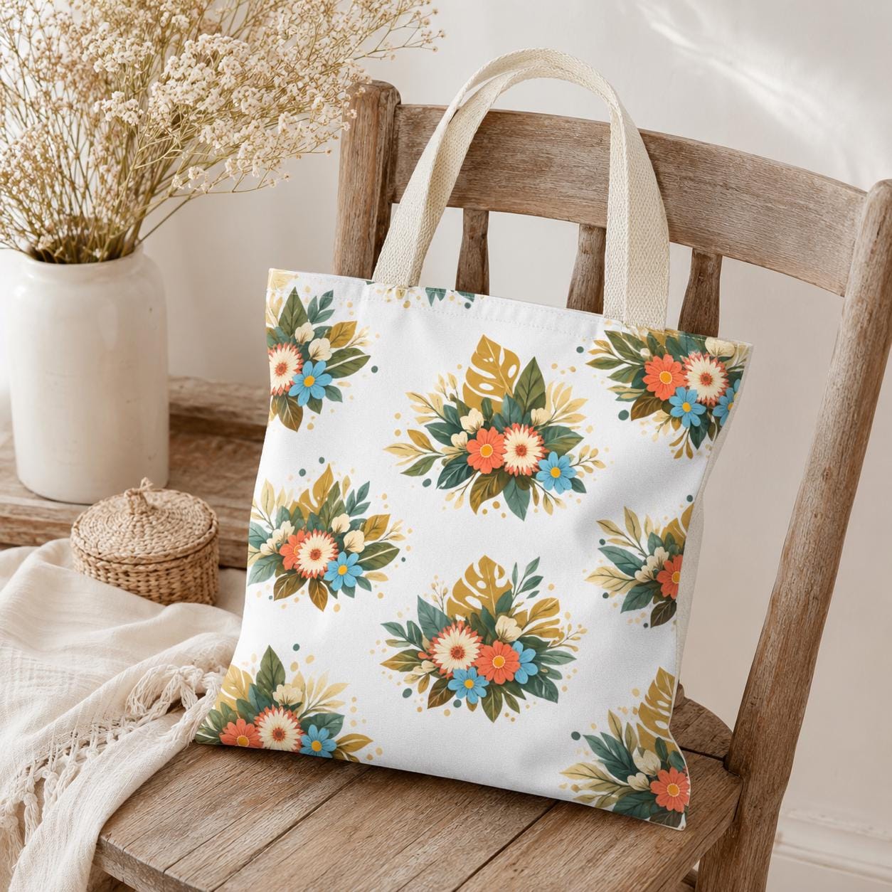Flower print carryall for teachers, students, gardeners, and nature enthusiasts.