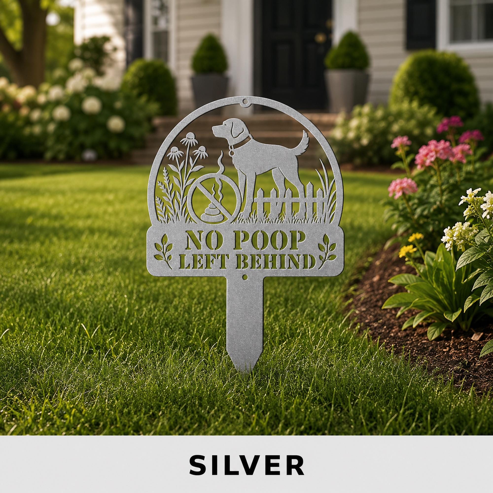 Decorative outdoor pet sign reminding dog owners to clean up after their pets.