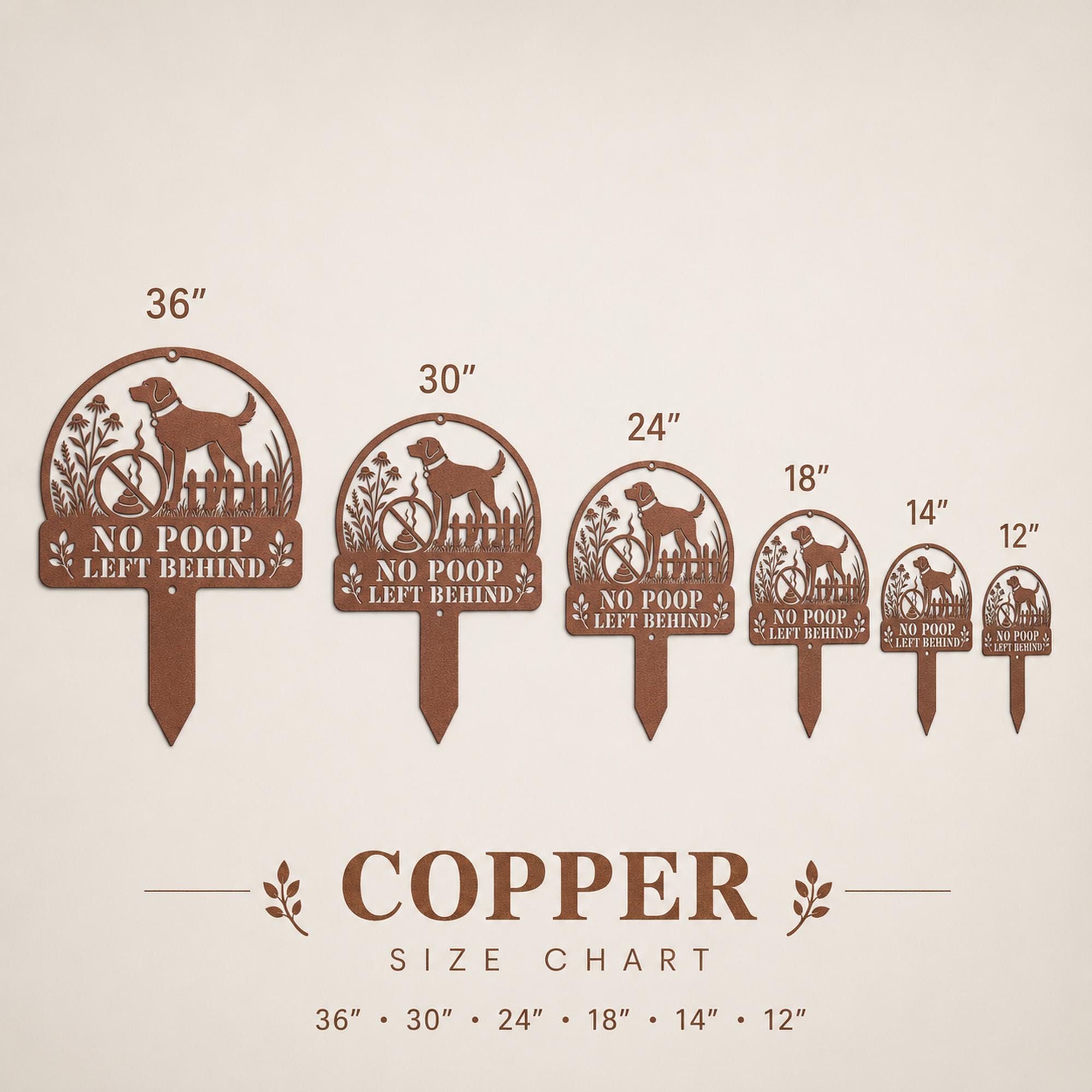 Size chart No Poop Left Behind metal sign designed for front yards and shared pet areas.