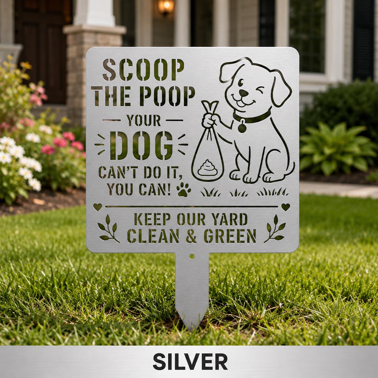 Pet cleanup notice suitable for apartment lawns, rentals, pathways, and shared spaces.