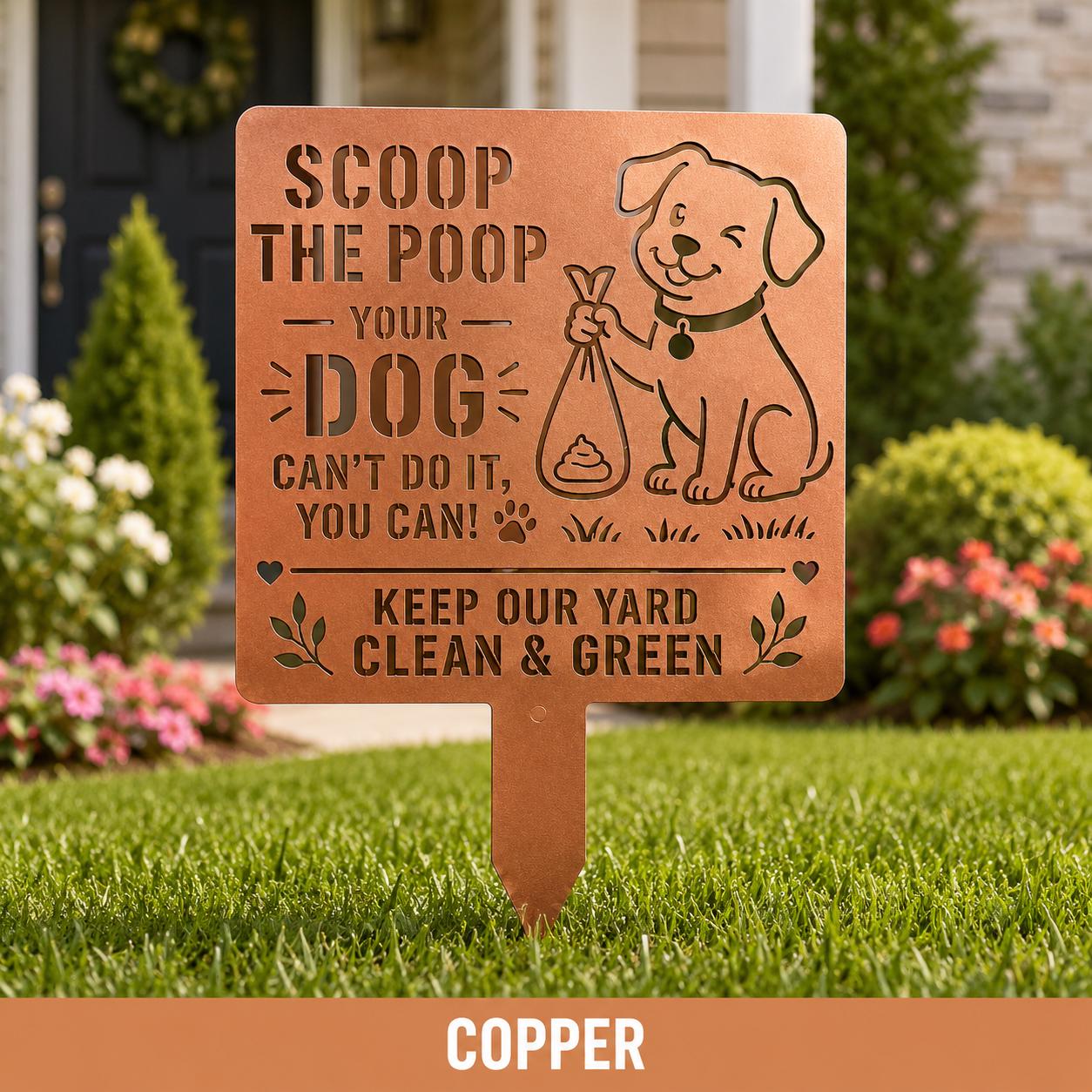 Scoop the Poop garden decor shown in front of a landscaped residential home.