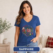 Holiday nurse tee featuring red and green lettering, holly, bells, ornaments, and snowflakes.
