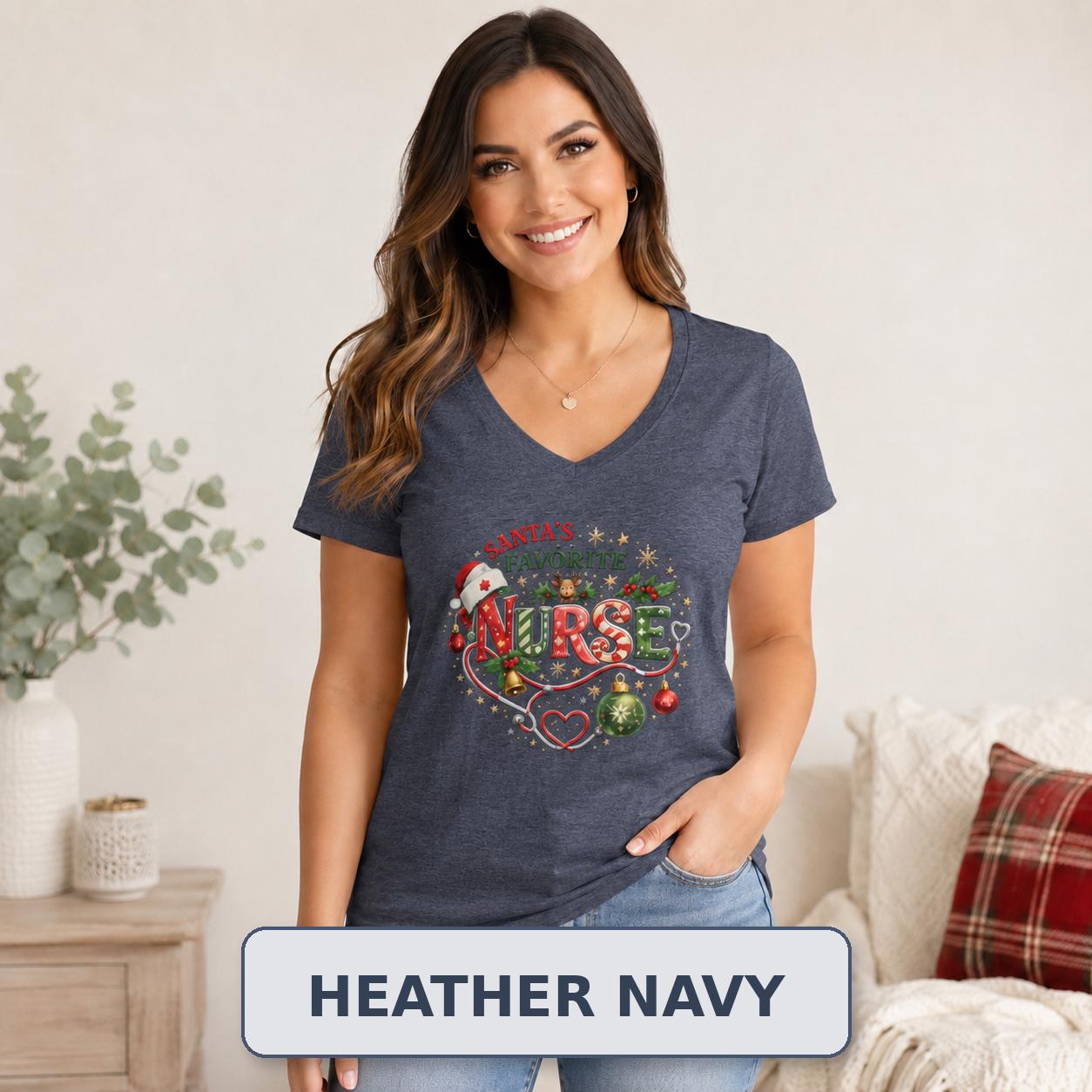 Women’s V-neck nurse shirt for hospital shifts, clinics, and staff parties.