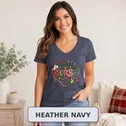 Women’s V-neck nurse shirt for hospital shifts, clinics, and staff parties.