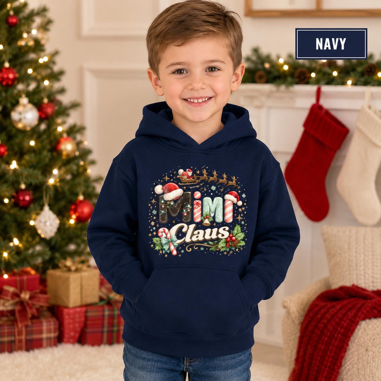 Cute holiday sweatshirt for girls styled with jeans in a bright Christmas setting.