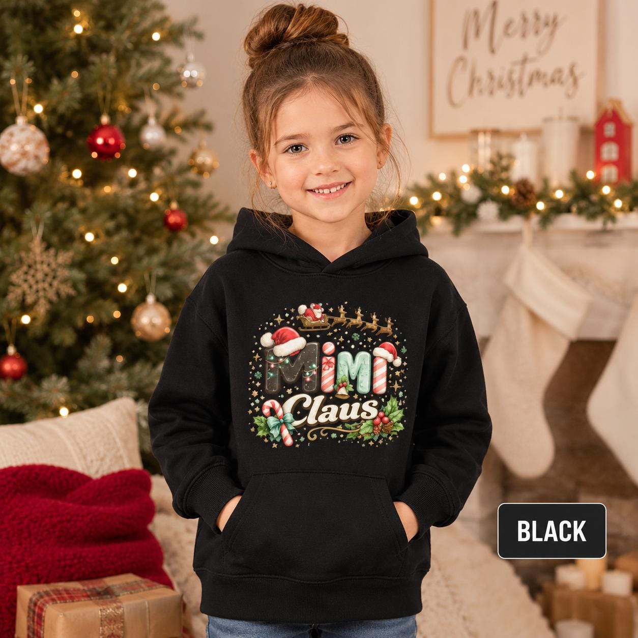 Mini Claus kids apparel featuring red, green, black, and gold seasonal details.