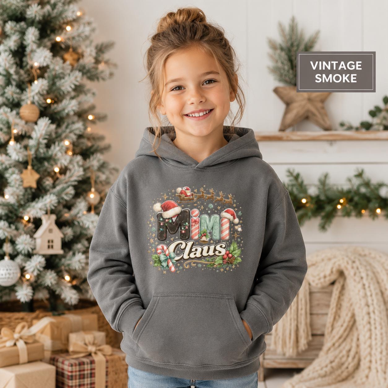 Cozy youth Christmas hoodie with front pocket and cheerful holiday graphic.