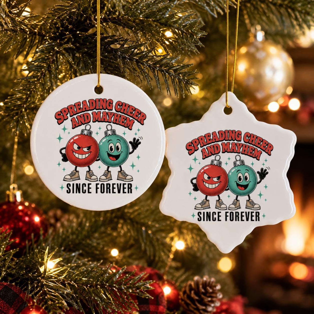 Funny best friend Christmas decoration with playful retro ornament characters.