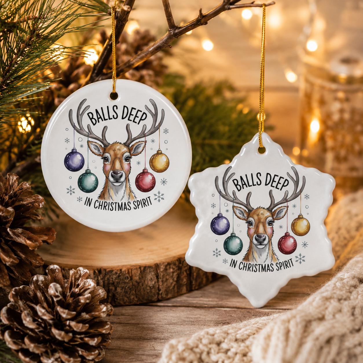 Funny adult holiday decoration featuring a festive deer and snowflake accents.
