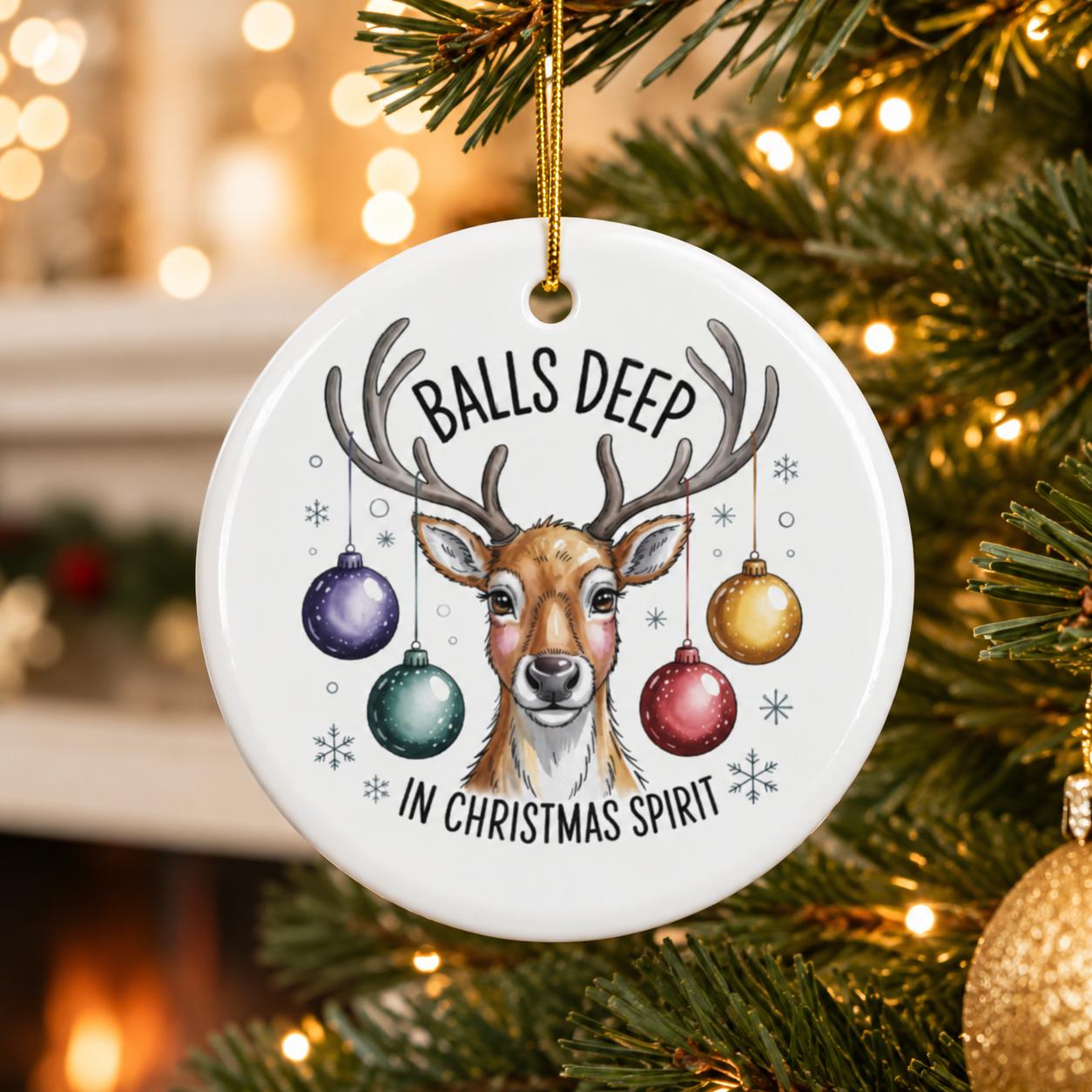 Round ceramic ornament featuring a reindeer with colourful hanging Christmas baubles.