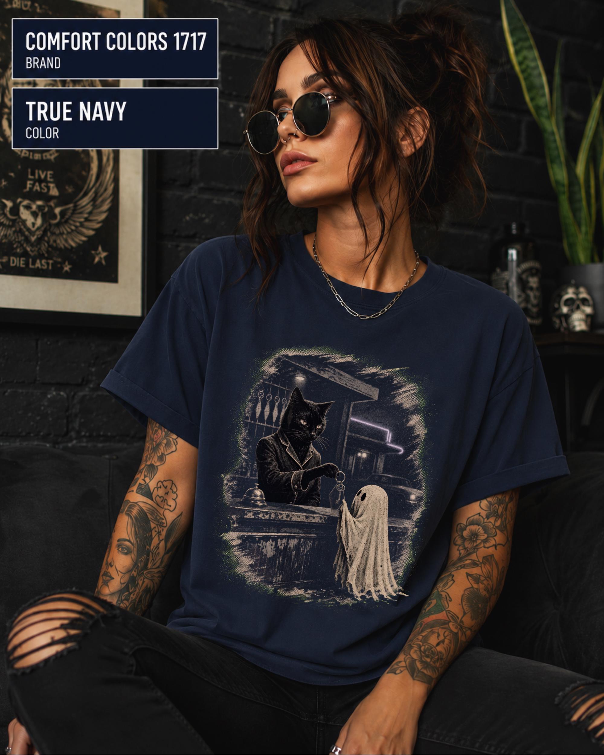 Black cat graphic shirt with old-fashioned uniform, hanging keys, and tiny ghost guest.