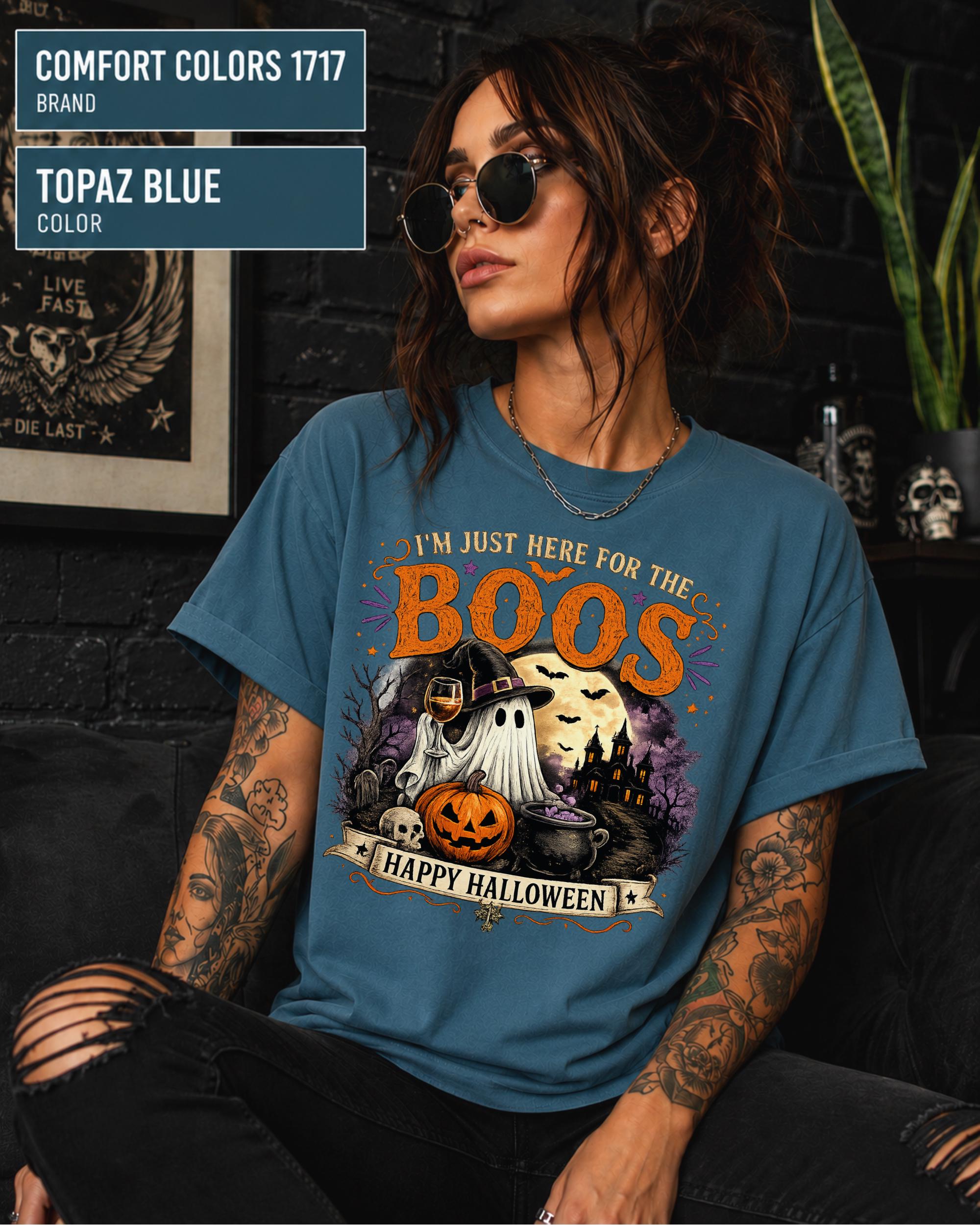 Retro Halloween shirt with orange Boos lettering and distressed spooky artwork.