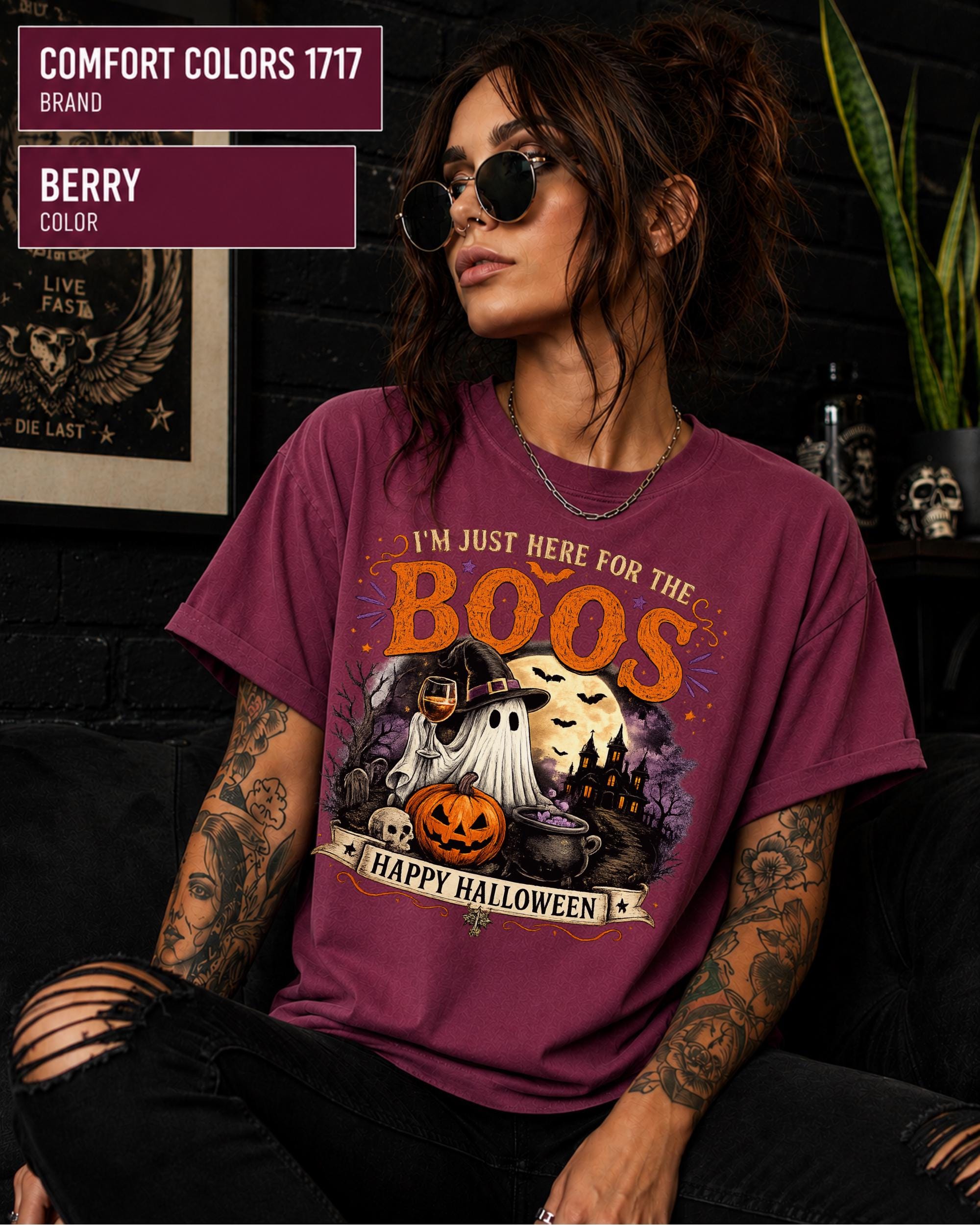 Comfort Colors Pepper tee featuring ghost, cauldron, skull, moon, and jack-o’-lantern.