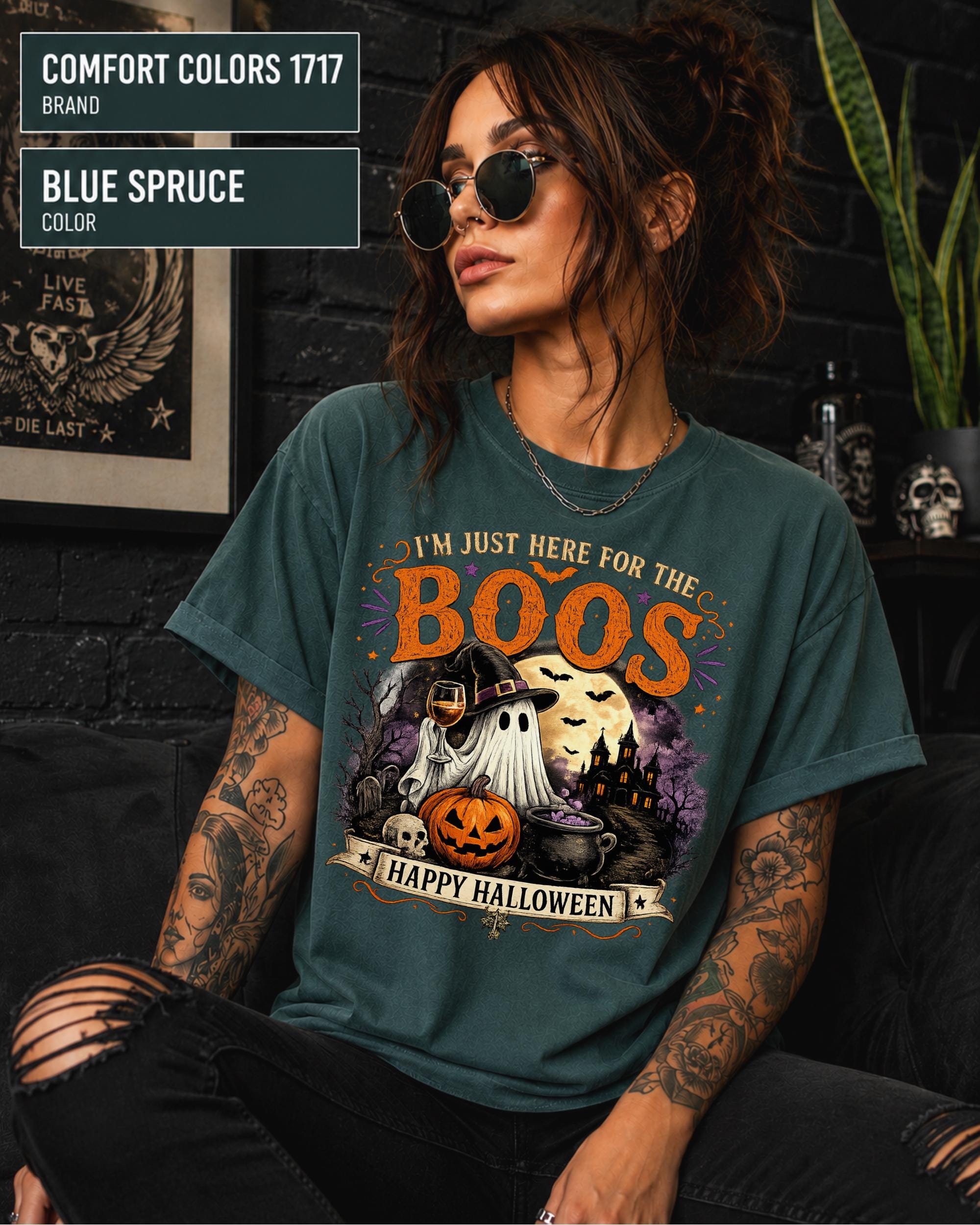 Funny Halloween party shirt for ghost lovers, wine fans, and spooky season enthusiasts.
