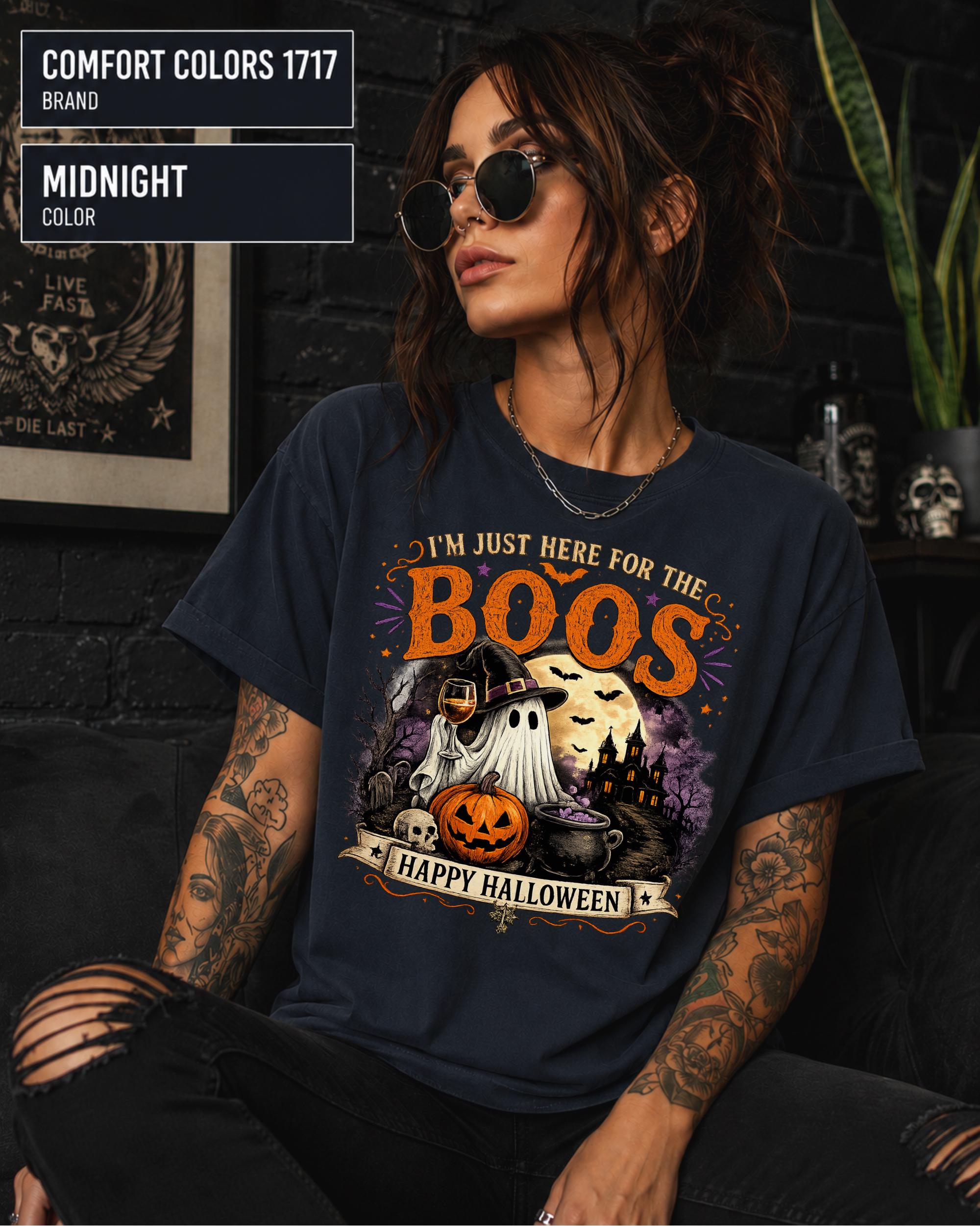 I’m Just Here for the Boos shirt styled with black jeans in a neutral studio setting.