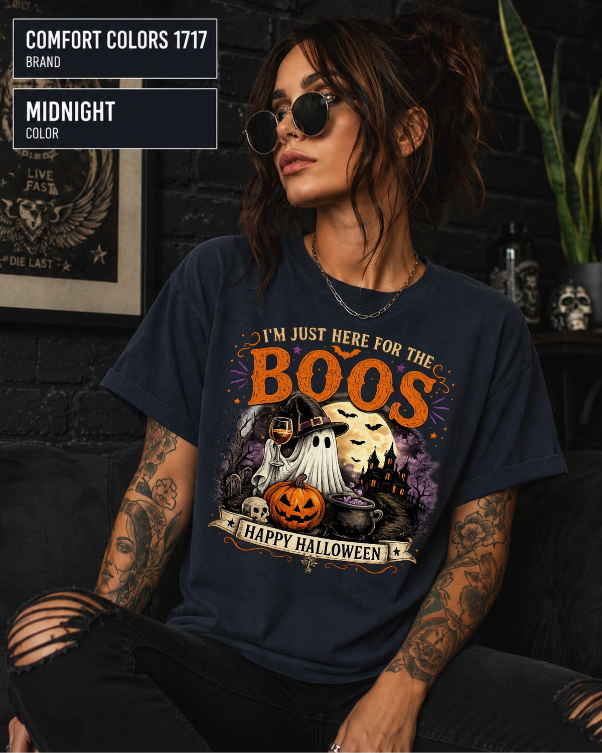 I’m Just Here for the Boos shirt styled with black jeans in a neutral studio setting.