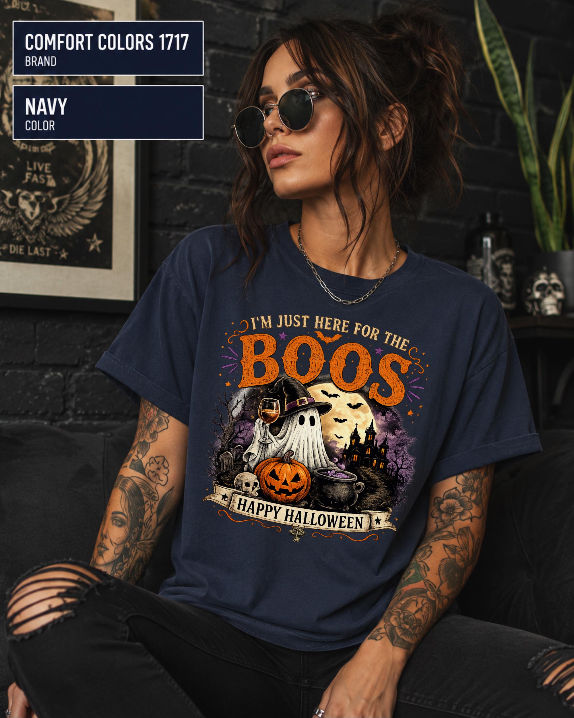 Navy garment-dyed tee with distressed retro ghost and Happy Halloween banner.