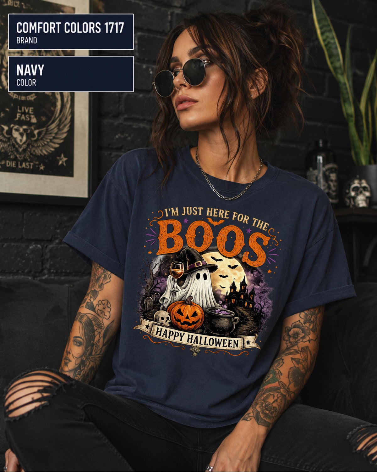 Navy garment-dyed tee with distressed retro ghost and Happy Halloween banner.