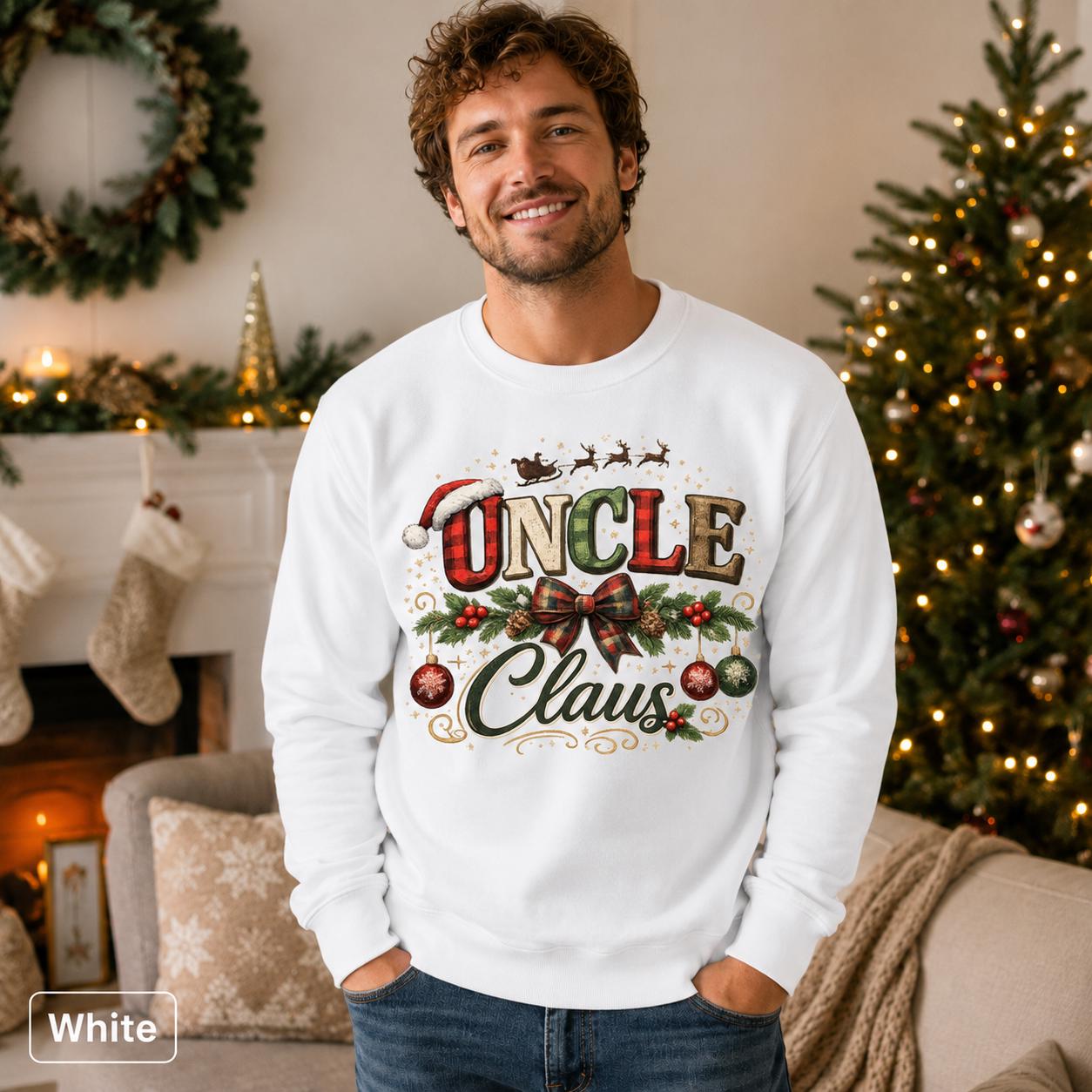 Festive men’s crewneck featuring plaid lettering, ornaments, greenery, and Santa’s sleigh.