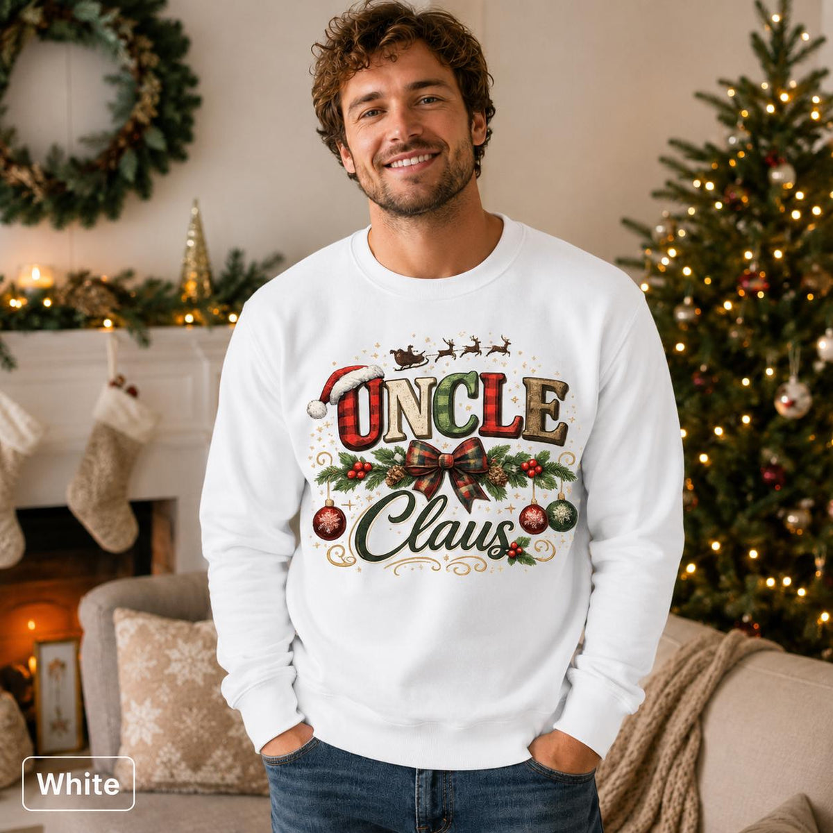 Festive men’s crewneck featuring plaid lettering, ornaments, greenery, and Santa’s sleigh.