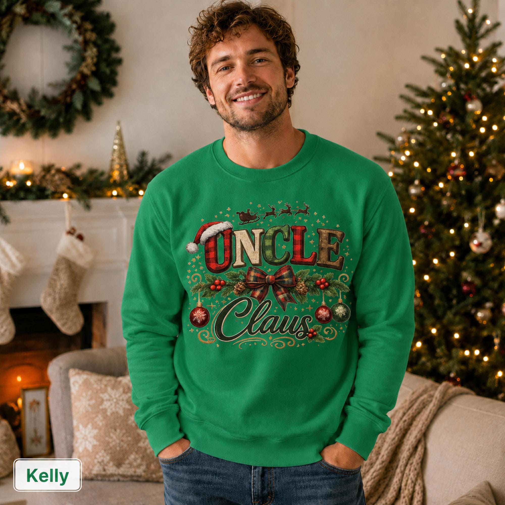 Uncle Claus winter apparel featuring red, green, cream, and gold artwork.