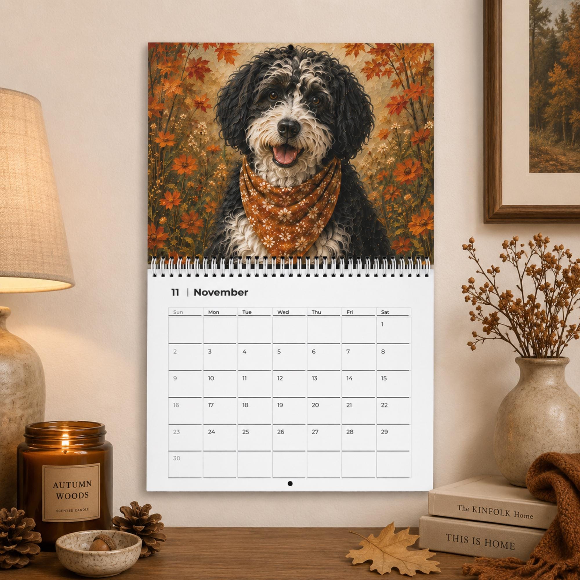 Dog Wall Calendar | Painted Floral Dogs | Spiral Calendar 11x8.5 or 14x11.5 | Dog Lover Gift