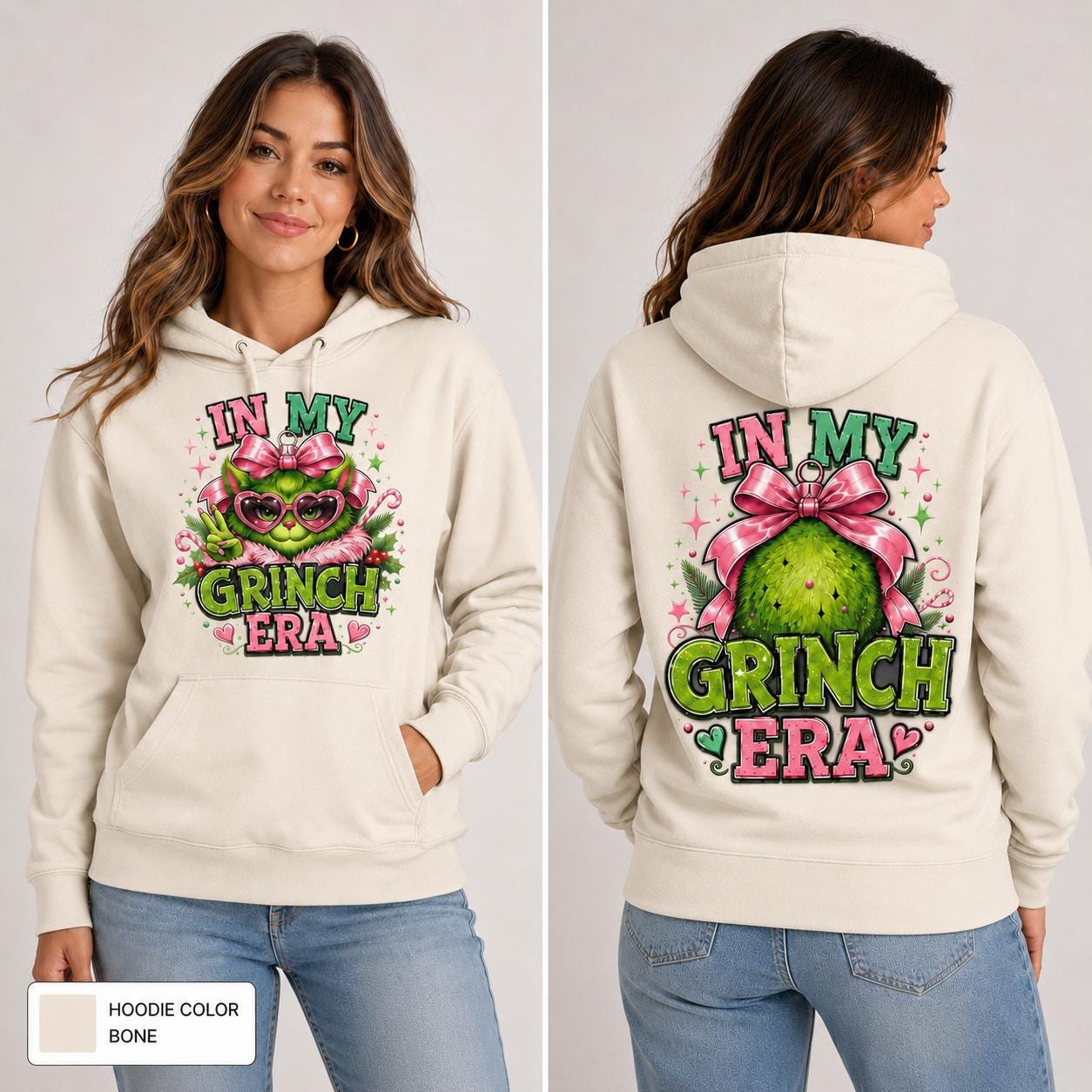 Female model wearing a bone-colored hoodie with a bright pink and green holiday character design printed on the front & back.
