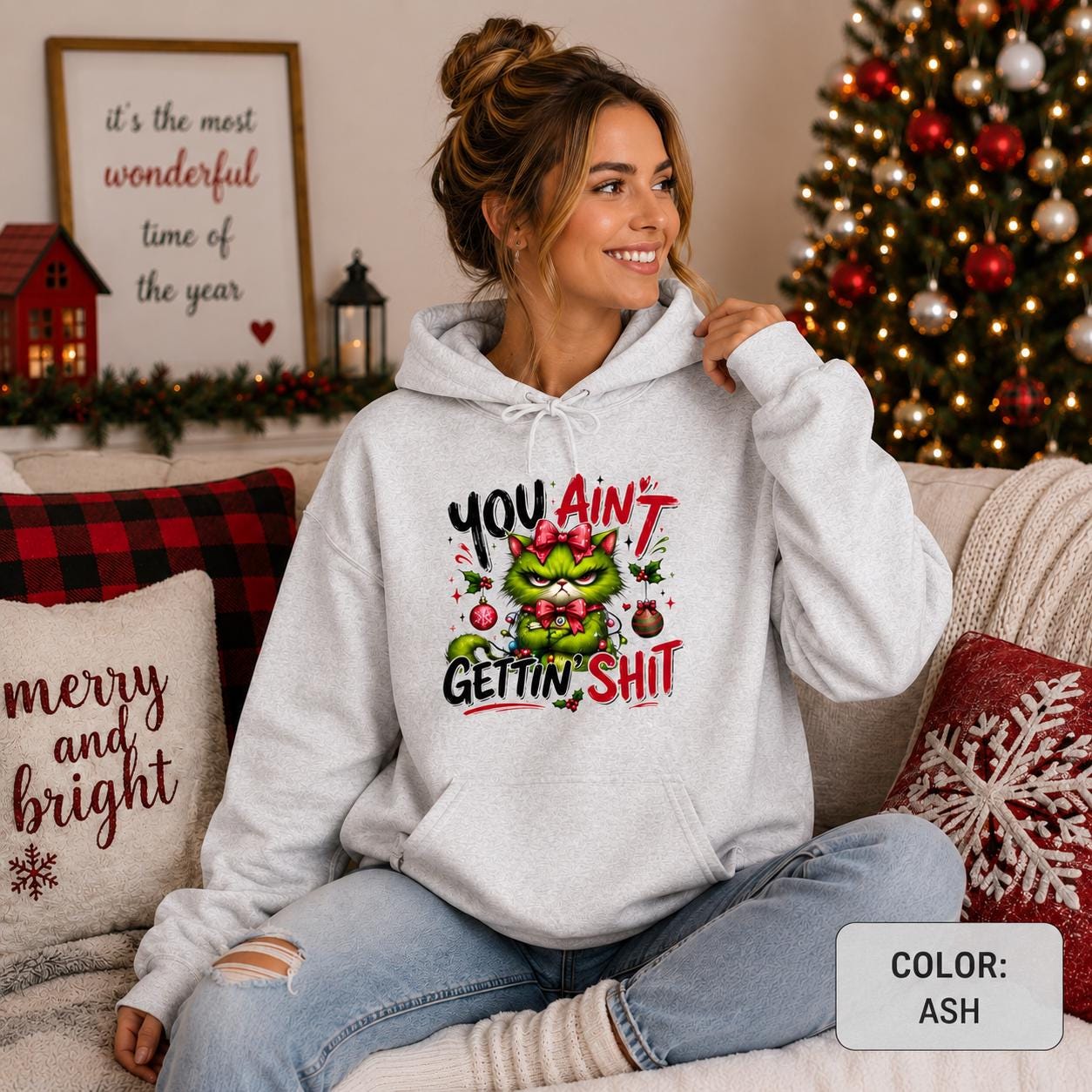 Grinchy Cat 'You Ain't Gettin' That' Hoodie | Funny Holiday Sweatshirt
