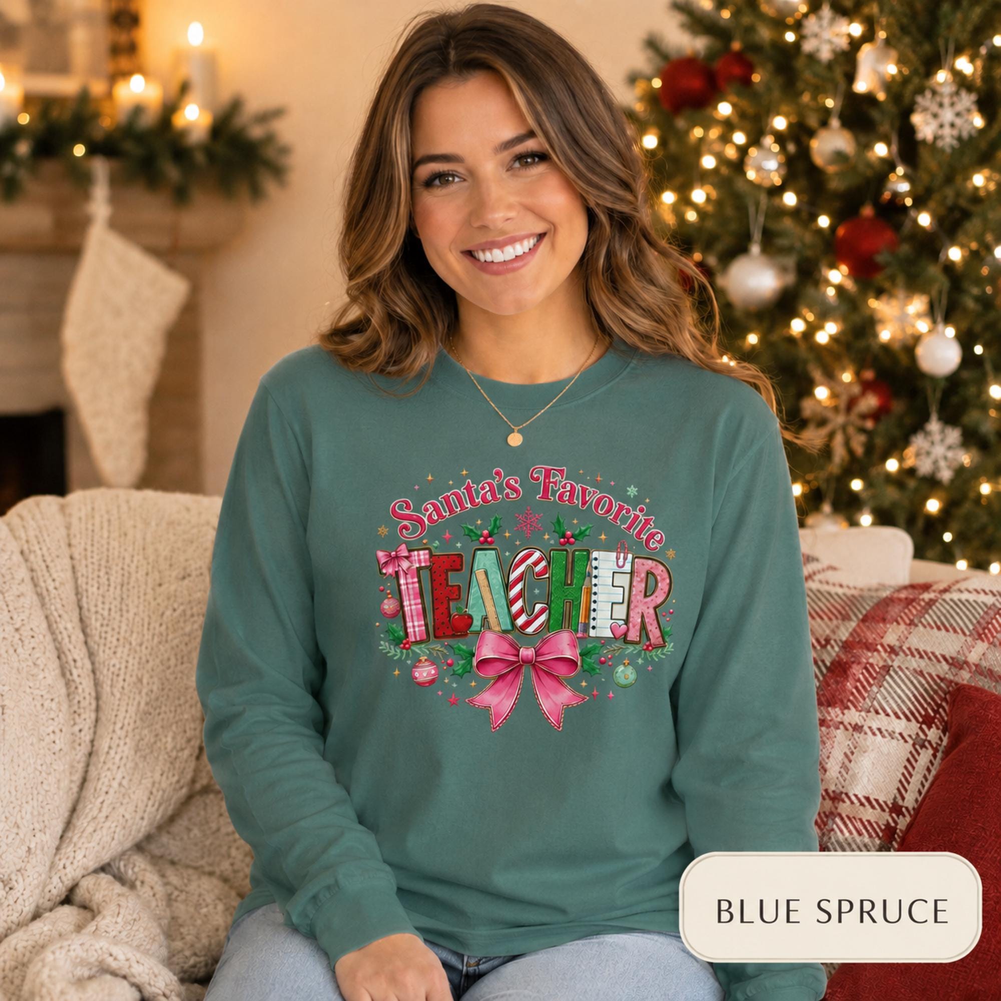 Santa's Favorite Teacher Long Sleeve T-Shirt, Christmas Gift, Unisex Holiday Apparel, Teacher Appreciation, Festive Fashion,Comfort Colors