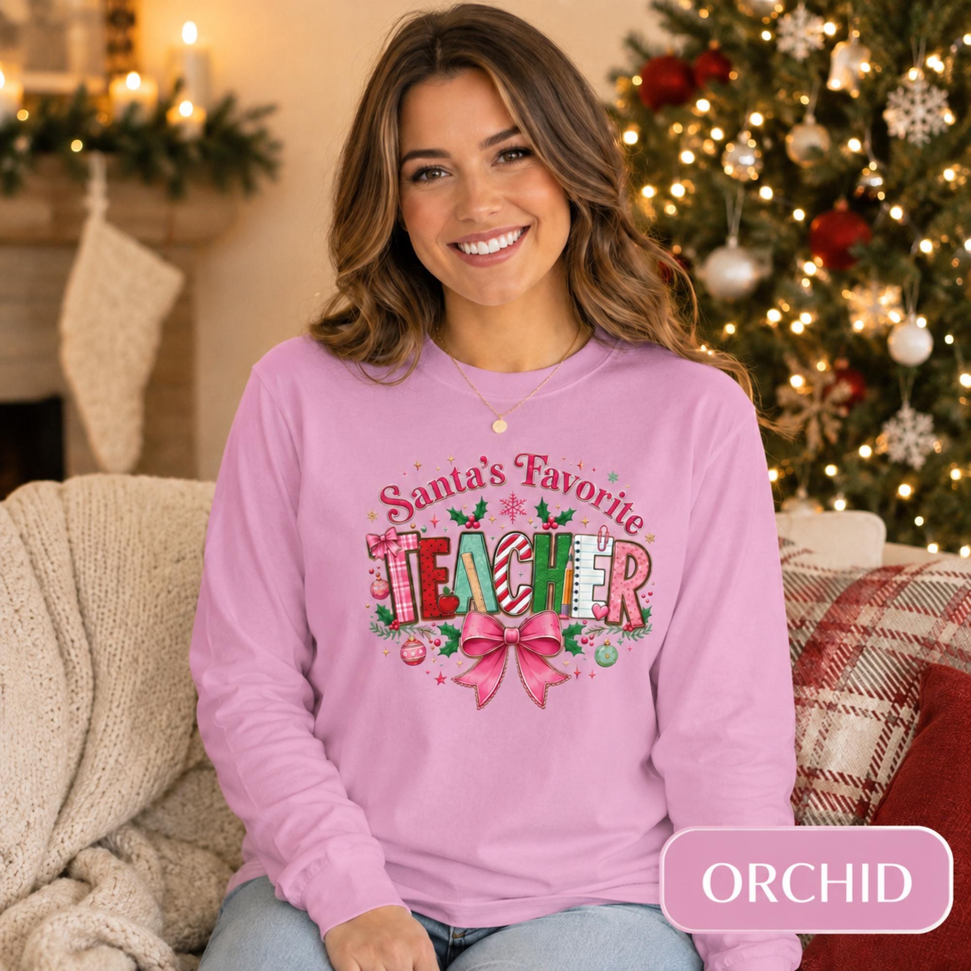 Santa's Favorite Teacher Long Sleeve T-Shirt, Christmas Gift, Unisex Holiday Apparel, Teacher Appreciation, Festive Fashion,Comfort Colors