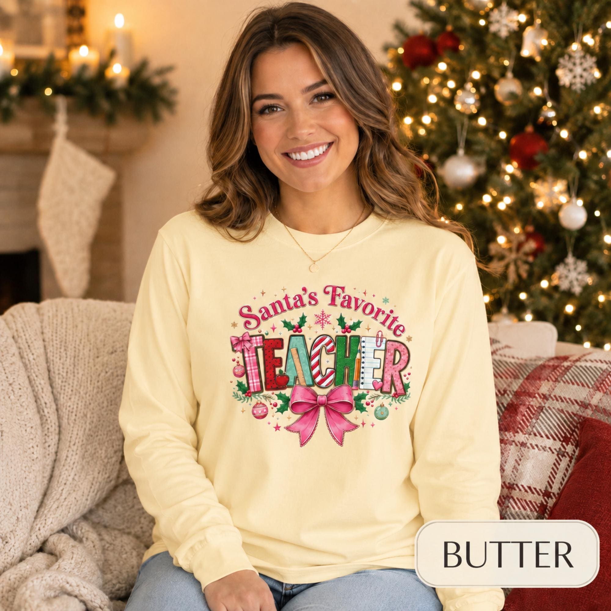 Santa's Favorite Teacher Long Sleeve T-Shirt, Christmas Gift, Unisex Holiday Apparel, Teacher Appreciation, Festive Fashion,Comfort Colors