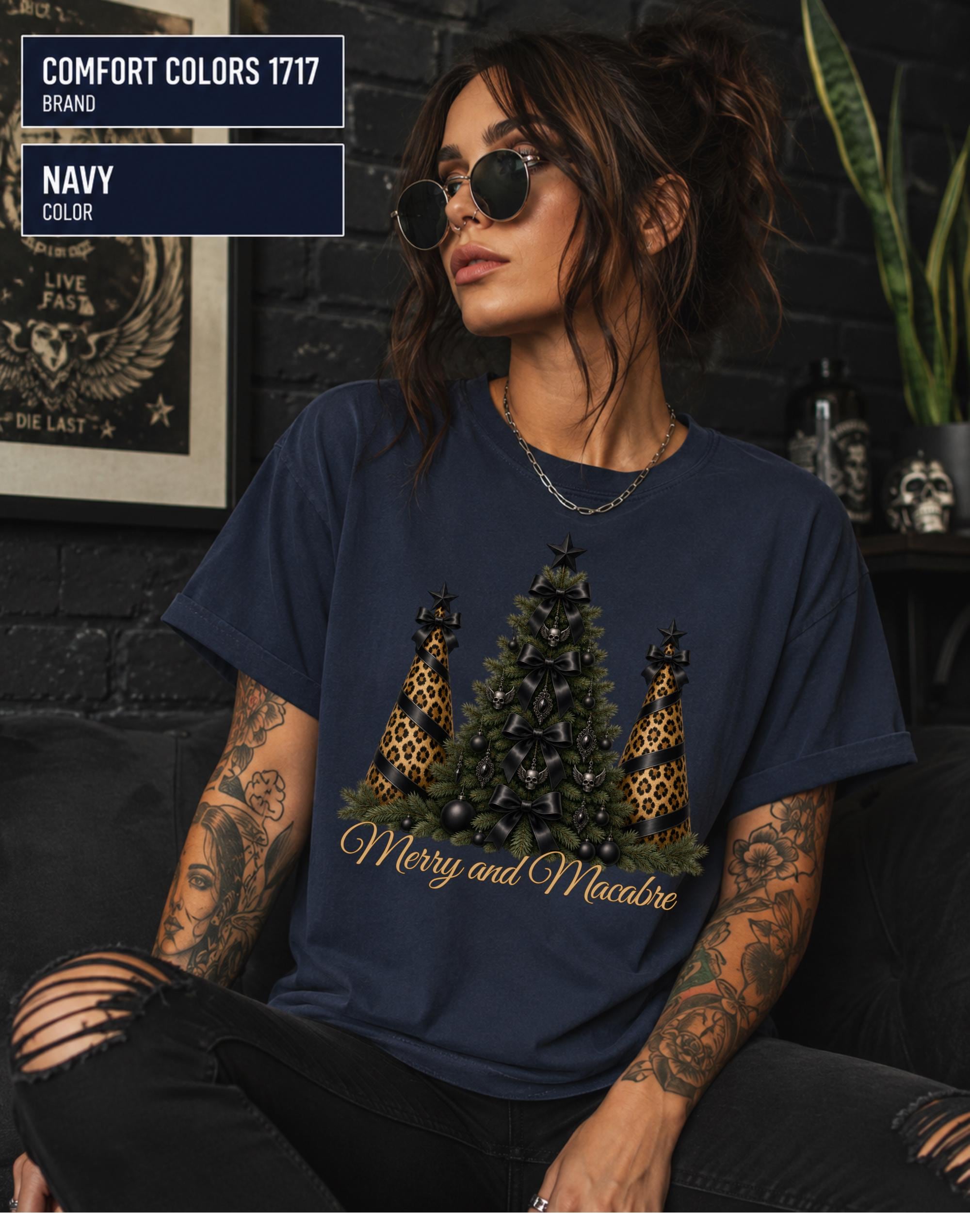 Gothic Christmas outfit featuring Merry and Macabre graphic tee styled with black jeans for alternative holiday fashion.